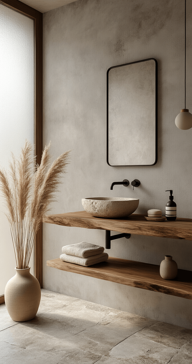 Bathroom Decor Trends 2025: Creating Your Personal Wellness Sanctuary Photorealistic image of a spa-like bathroom showcasing wabi-sabi minimalism, featuring raw concrete walls, imperfect natural stone flooring, a floating walnut vanity, and a rough travertine vessel sink, all bathed in soft golden hour light.