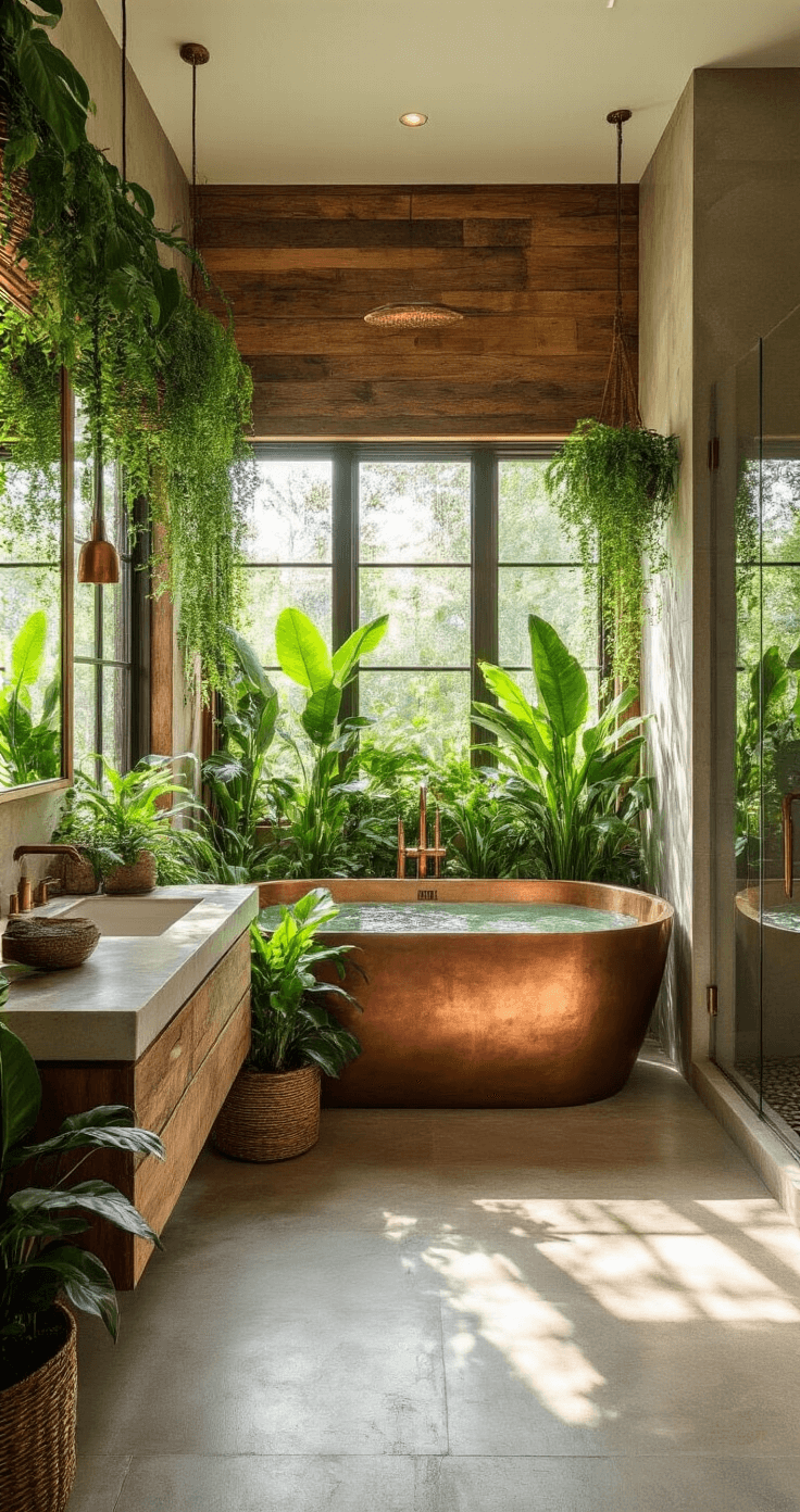 Bathroom Decor Trends 2025: Creating Your Personal Wellness Sanctuary Stunning biophilic bathroom design with abundant greenery, featuring a freestanding copper soaking tub, reclaimed teak wood accents, and natural stone vanity, bathed in bright morning light.
