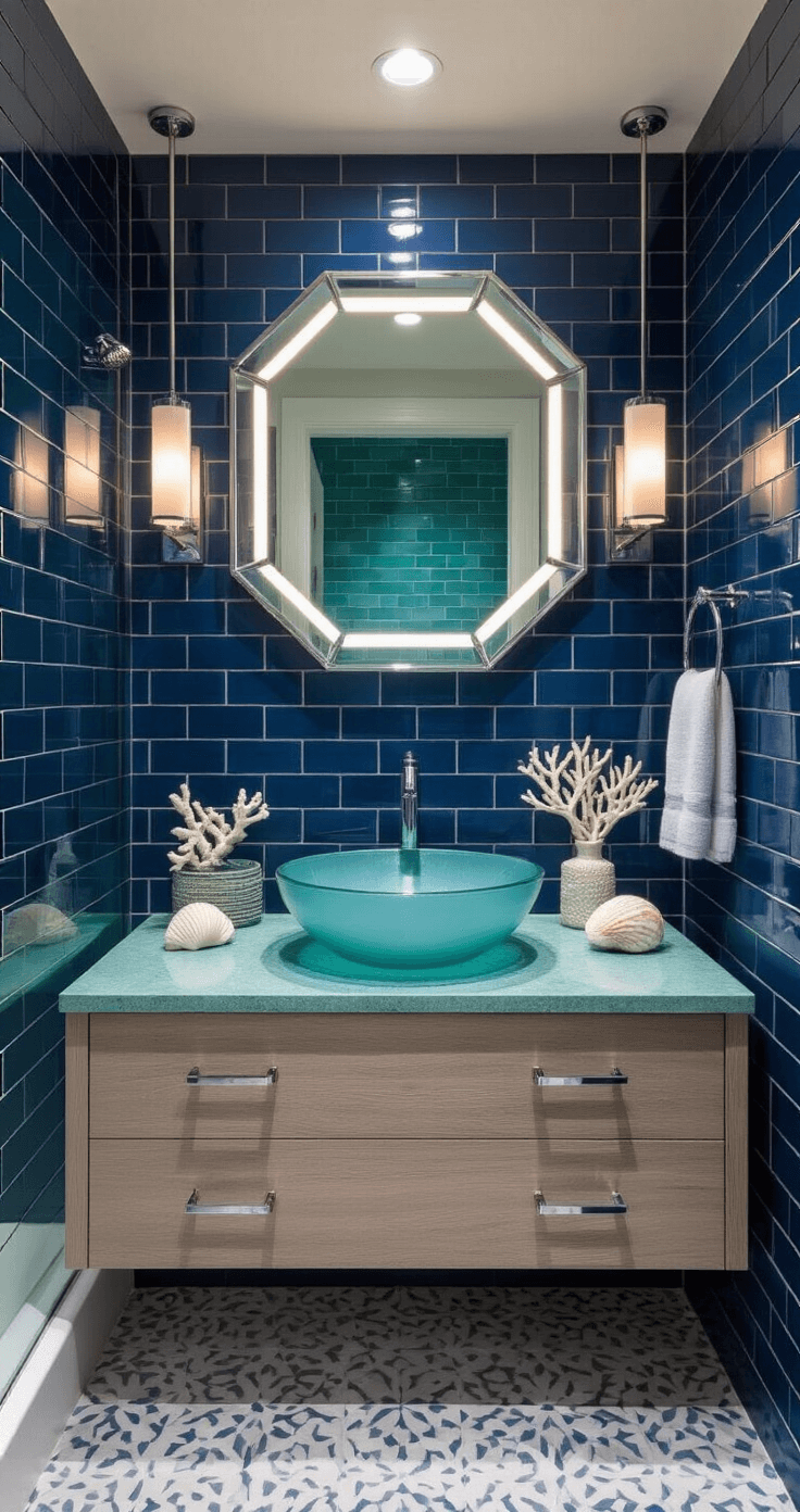 Bathroom Decor Trends 2025: Creating Your Personal Wellness Sanctuary Oceanic-themed bathroom at blue hour featuring deep navy tiles, seafoam green countertops, and polished chrome fixtures, with dramatic LED lighting and decorative elements like coral-textured towels and seashell accessories.