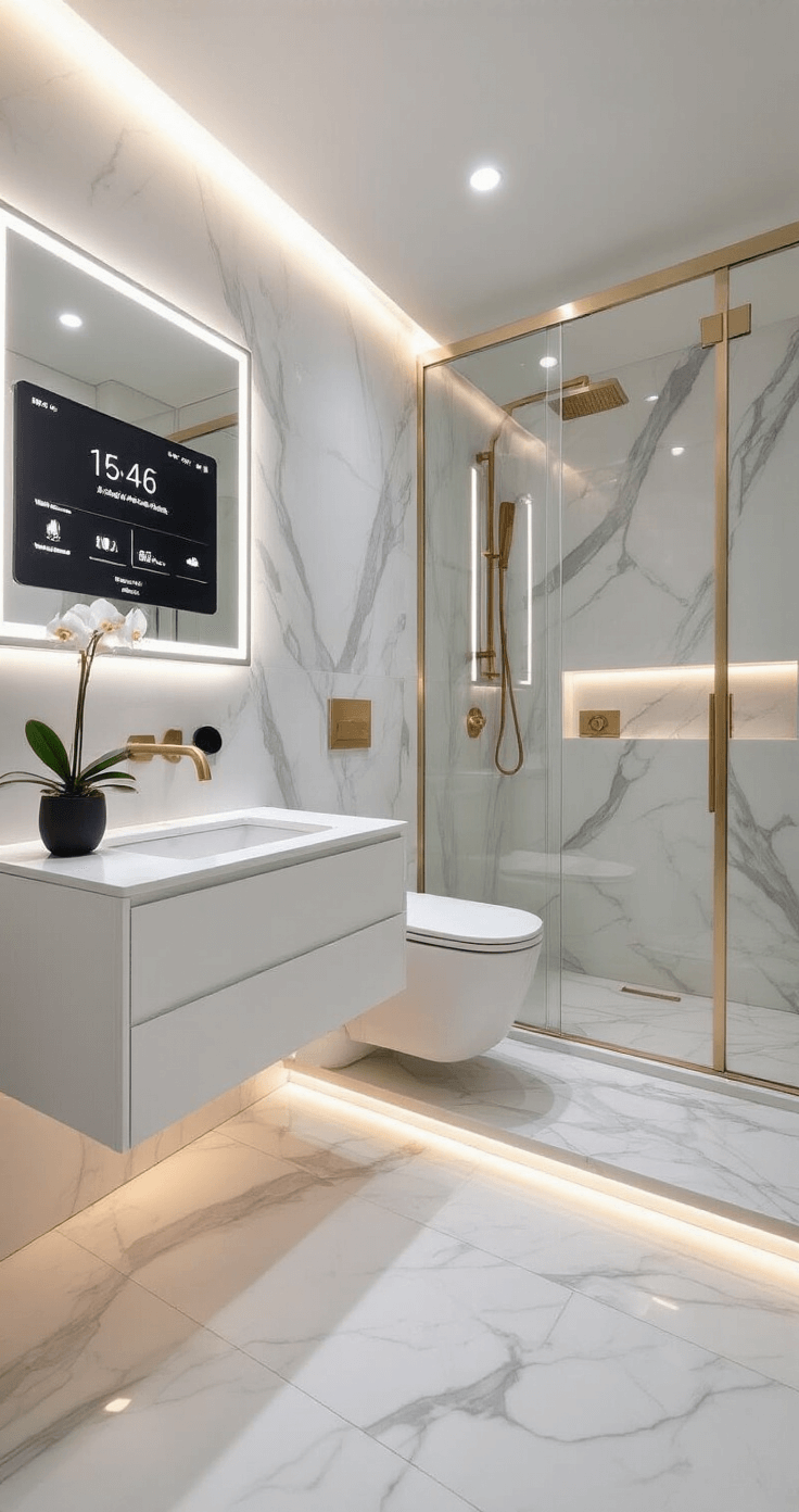 Bathroom Decor Trends 2025: Creating Your Personal Wellness Sanctuary Modern high-tech bathroom interior featuring sleek white quartz walls, heated marble floors, and minimalist design with smart integrations like a touchless faucet, smart mirror, and automated privacy glass.