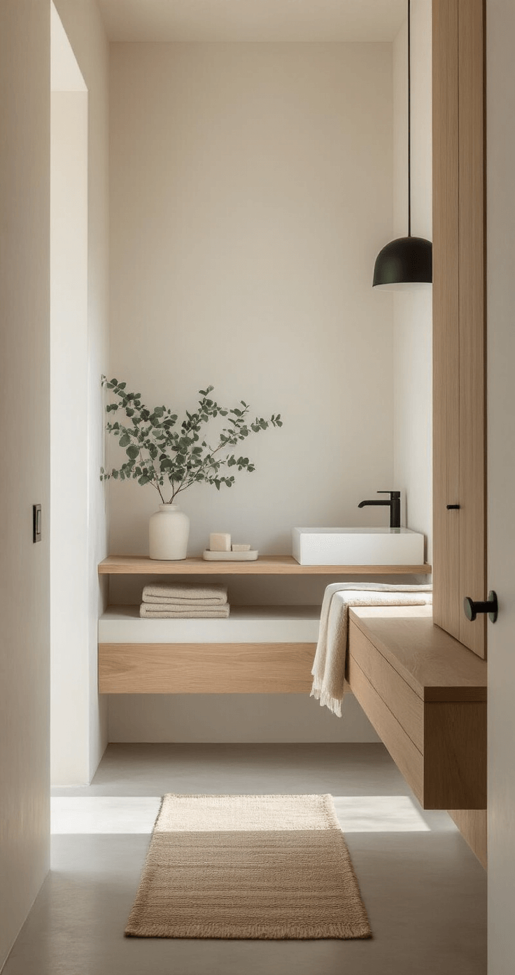 Bathroom Decor Trends 2025: Creating Your Personal Wellness Sanctuary Minimalist bathroom sanctuary featuring a long narrow layout with a white oak floating vanity and integrated rectangular sink, illuminated by soft afternoon light, highlighting warm white lime wash walls and polished concrete floors. Striking balance with a single matte black pendant light and carefully curated elements like a potted eucalyptus, natural beige linen towels, and a geometric ceramic soap dispenser, all set within a restrained color palette of whites, beiges, and natural wood.