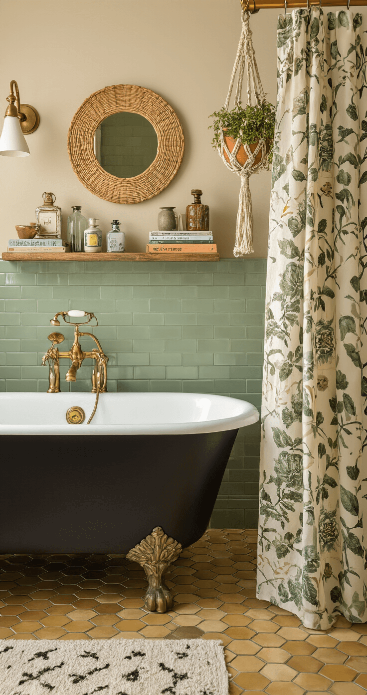 Bathroom Decor Trends 2025: Creating Your Personal Wellness Sanctuary Eclectic bathroom with vintage brass hexagon floor tiles, sage green subway tiles, a matte black clawfoot tub, and reclaimed wood shelves, illuminated by warm golden hour light; personal touches like vintage perfume bottles, design books, and a macrame planter create a cozy, stylish atmosphere.
