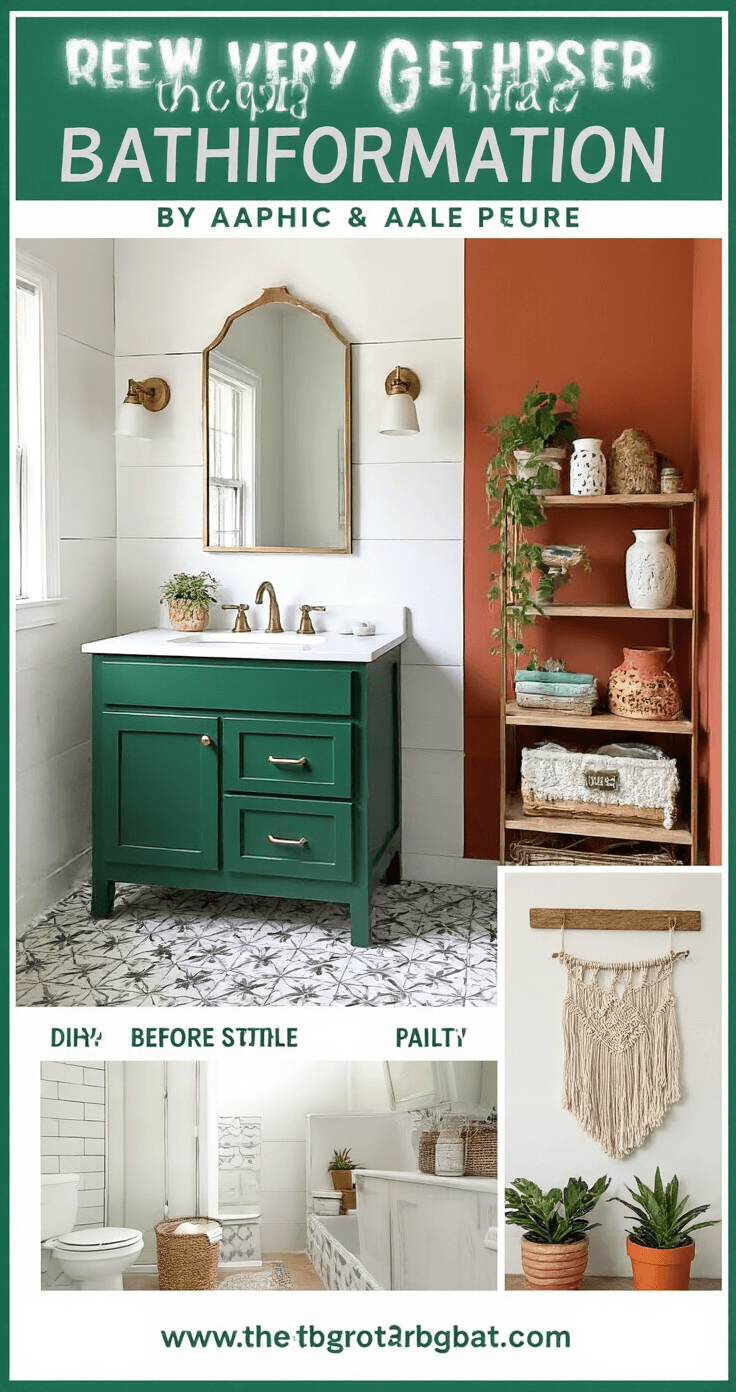 Bathroom Decor Trends 2025: Creating Your Personal Wellness Sanctuary A bright, budget-friendly bathroom transformation featuring a deep forest green painted vanity, brass spray-painted fixtures, and peel-and-stick accent tiles, enhanced with vintage-inspired pendant lighting, open shelving with plants, and warm terracotta wall. Decor elements include thrift store pottery, a DIY macrame wall hanging, painted mason jars, and discount store plants, all showcasing a creative, stylish atmosphere achieved on a budget.