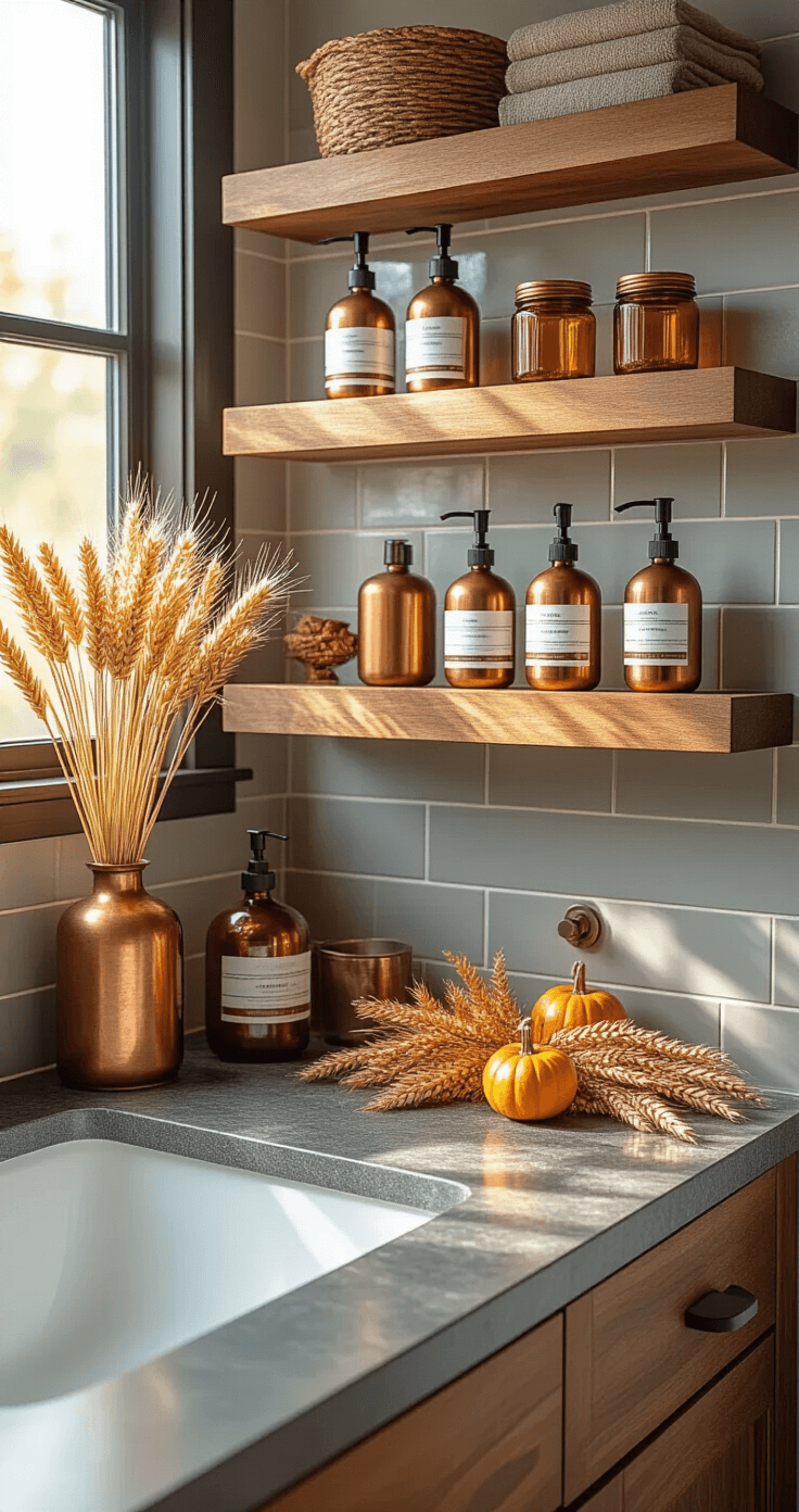 Creating a Cozy Fall Bathroom: Your Ultimate Seasonal Styling Guide Photorealistic bathroom interior with copper soap dispensers and rust-toned accessories on walnut shelves, featuring a subway tile backsplash and charcoal grout, illuminated by golden hour sunlight through frosted window, highlighting amber glass containers and a weathered wood vanity adorned with autumn decor.