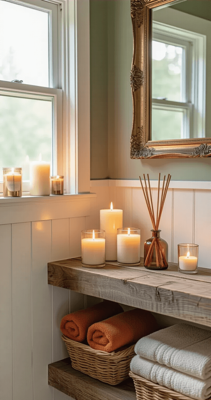 Creating a Cozy Fall Bathroom: Your Ultimate Seasonal Styling Guide An intimate bathroom scene featuring flickering cinnamon-scented candles on reclaimed wood shelves, shiplap wainscoting in cream, and sage green upper walls, with varying heights of pillar candles providing warm ambient lighting. A vintage brass mirror reflects a cozy atmosphere, complemented by a nearby apple spice reed diffuser, small glass votives on the windowsill, and a woven rattan basket holding burnt orange and cream towels. The camera angle captures the full depth of the compact powder room, highlighting the textural interplay of warm candlelight across weathered wood and natural fibers in an autumn spice color palette.
