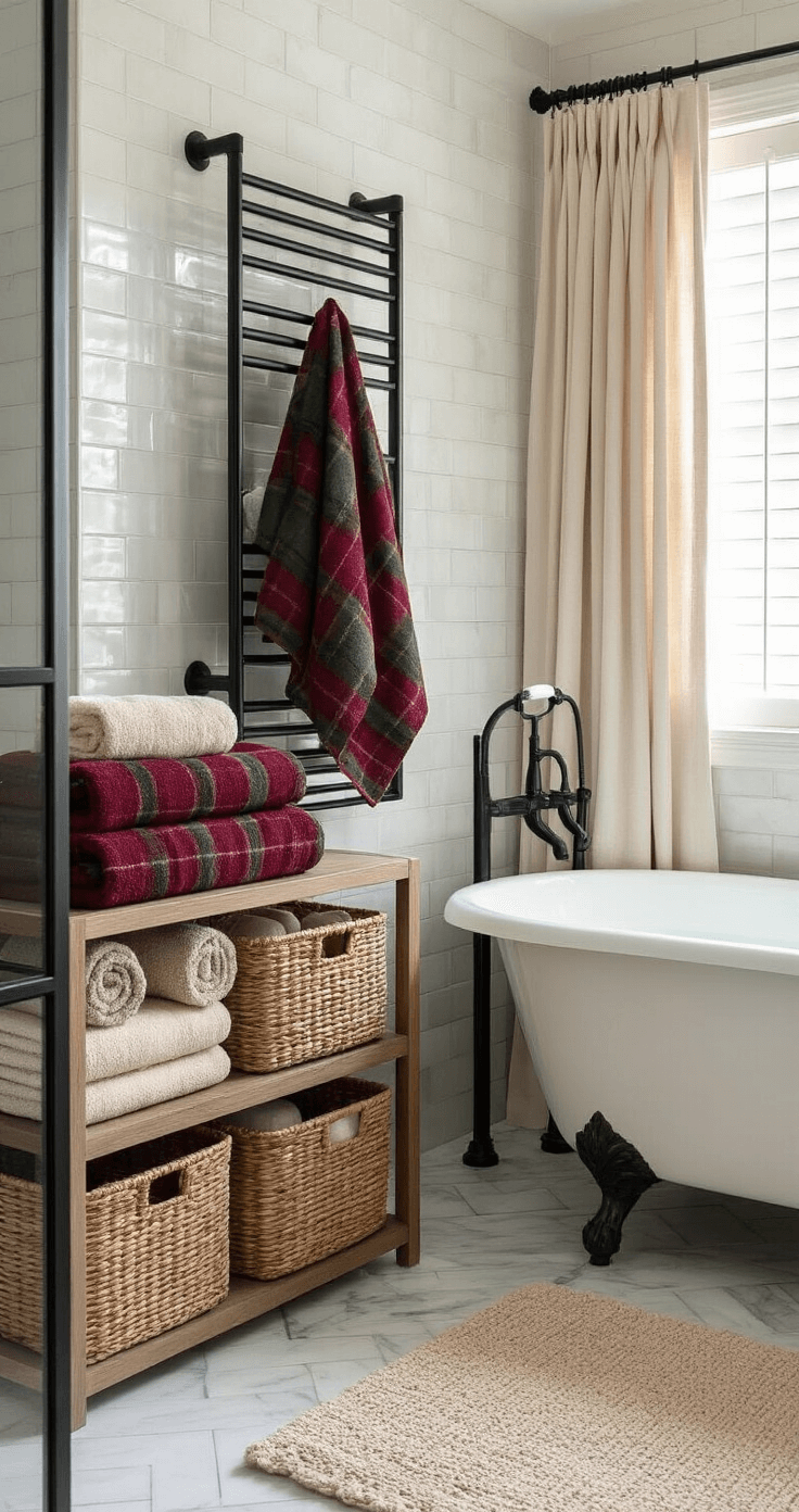 Creating a Cozy Fall Bathroom: Your Ultimate Seasonal Styling Guide Luxurious master bathroom featuring plaid hand towels in burgundy and forest green on a matte black heated towel rail, marble herringbone flooring, a freestanding clawfoot tub, and a floating vanity with woven storage baskets, all illuminated by soft morning light filtering through plantation shutters.