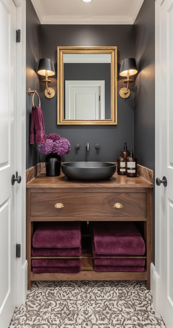 Creating a Cozy Fall Bathroom: Your Ultimate Seasonal Styling Guide Moody bathroom interior featuring a deep walnut vanity with a waterfall countertop, matte black vessel sink, charcoal-painted walls, and brass lighting above an ornate mirror. Burgundy velvet hand towels, dried purple hydrangeas in a black vase, and rich mahogany shelving with amber bottles and bronze accessories. Dramatic low-angle view highlighting luxurious textures and late afternoon lighting.