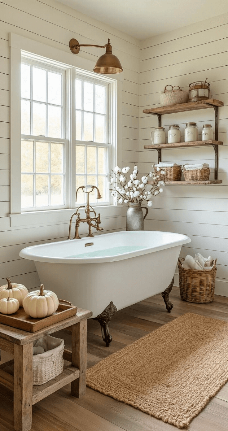 Creating a Cozy Fall Bathroom: Your Ultimate Seasonal Styling Guide Bright farmhouse bathroom with warm cream shiplap walls, vintage brass fixtures, freestanding sink, clawfoot tub, subtle pumpkin decor, reclaimed barn wood shelving, mason jar soap dispensers, woven jute rug, and natural light from a casement window.