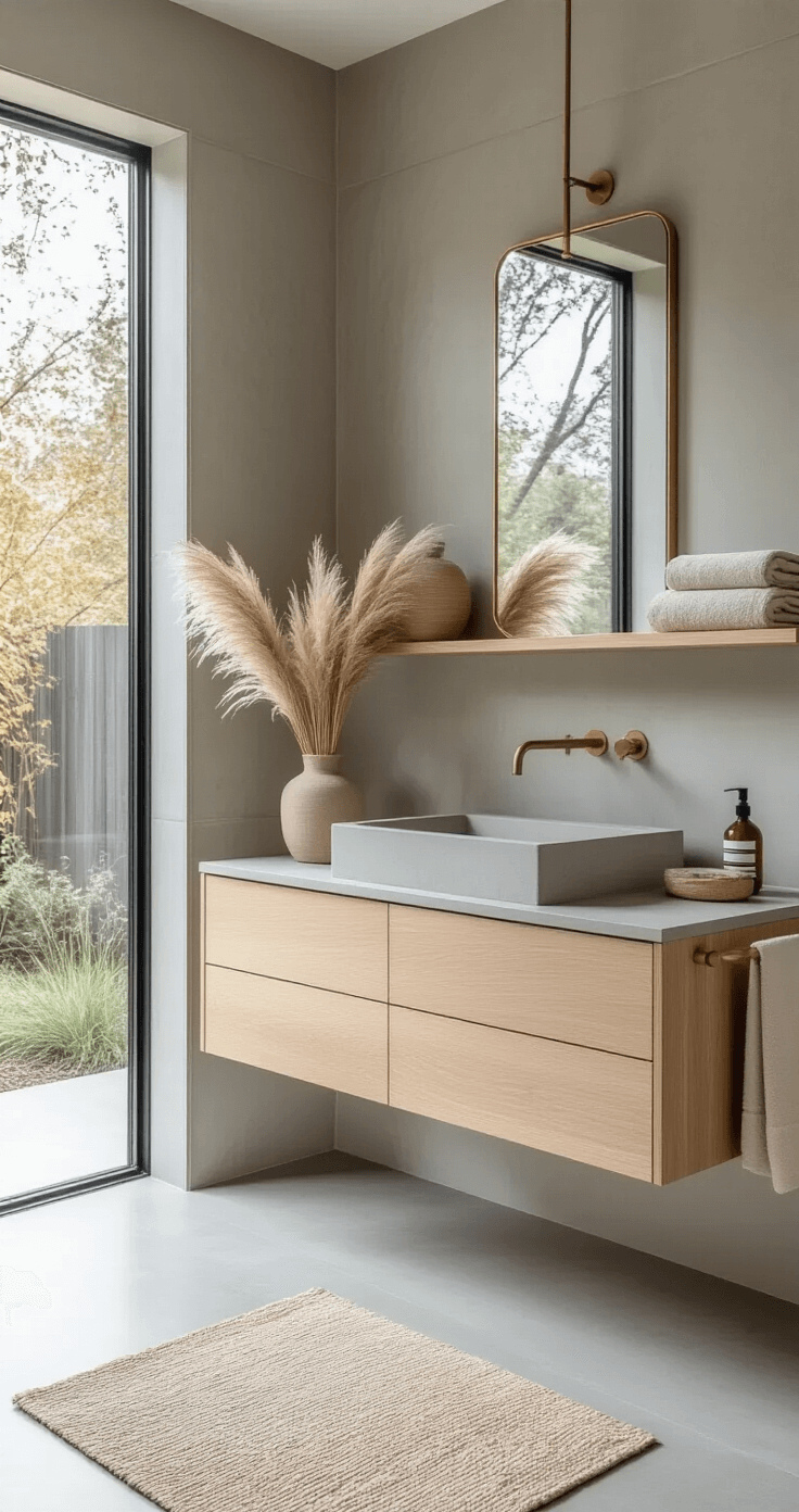 Creating a Cozy Fall Bathroom: Your Ultimate Seasonal Styling Guide Serene minimalist bathroom with a floating white oak vanity, integrated concrete sink, and brass faucet, featuring large gray tiles, floor-to-ceiling windows, dried pampas grass arrangements, natural linen towels, and polished concrete floors reflecting soft natural light.