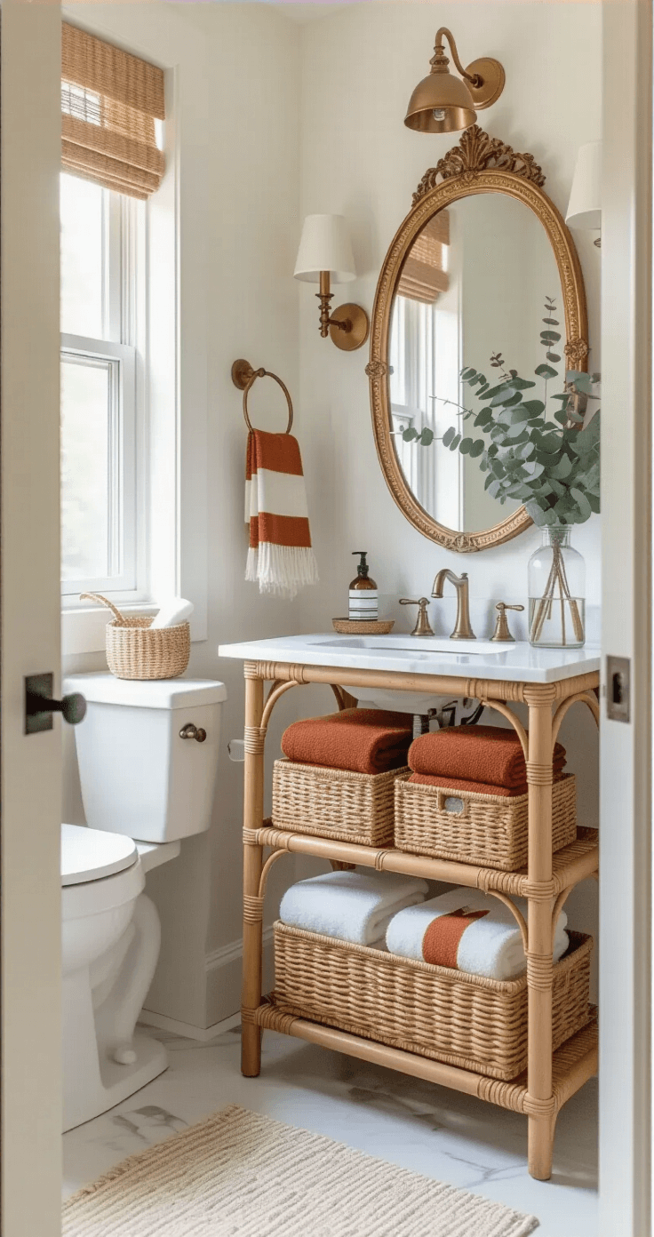 Creating a Cozy Fall Bathroom: Your Ultimate Seasonal Styling Guide Compact bathroom featuring tiered rattan trays for organization on a white marble countertop, a pedestal sink, vintage brass-framed mirror, and seasonal rust and cream towels on a wooden ladder shelf, with woven baskets for toiletries and dried eucalyptus in a glass vase, all under warm lighting.