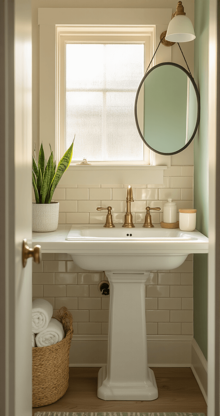 Photorealistic compact bathroom in a 30 square foot apartment, featuring cream subway tiles, sage green removable wallpaper, a white pedestal sink with a brass faucet, a vintage-style round mirror, and decorative elements like a seagrass basket and a snake plant, all illuminated by morning light through a frosted glass window.