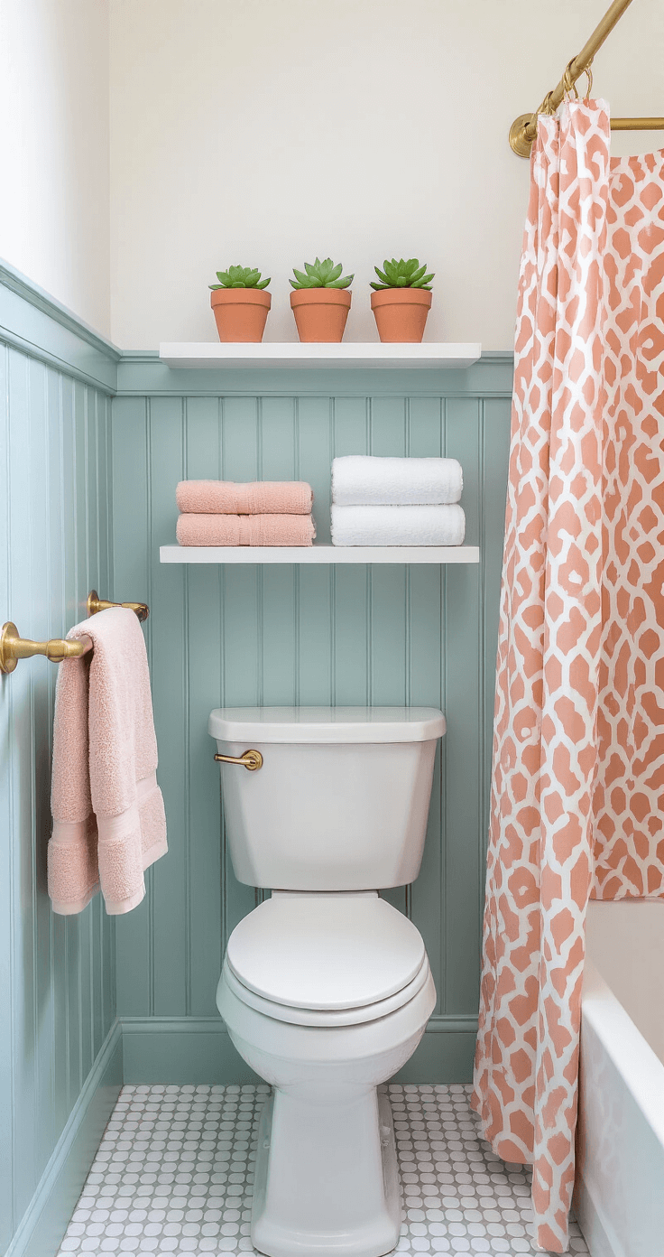 A stylish small bathroom in soft pastels, featuring powder blue beadboard wainscoting, white upper walls, a floating oak shelf with succulents and towels, a brushed gold towel bar, a geometric coral and white shower curtain, and white hexagon floor tiles with light gray grout.