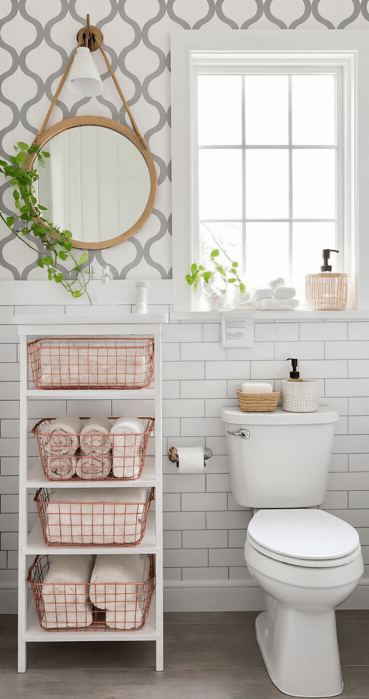 A beautifully transformed rental bathroom featuring peel-and-stick marble contact paper on the vanity, white subway tile backsplash, and a soft gray geometric wallpaper. Bright natural light floods the space, highlighting vertical storage solutions such as a white ladder shelf and copper wire baskets. Decorative elements include a round rattan mirror, glass apothecary jars, and bamboo accessories, all in a cohesive neutral color scheme.