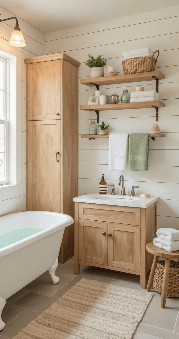Compact bathroom with vertical organization featuring warm LED lighting, floor-to-ceiling white shiplap, a natural wood cabinet with towels, wall-mounted shelves with decorative items, an over-door towel rack, and a white clawfoot tub with vintage fixtures, all captured from an elevated perspective.