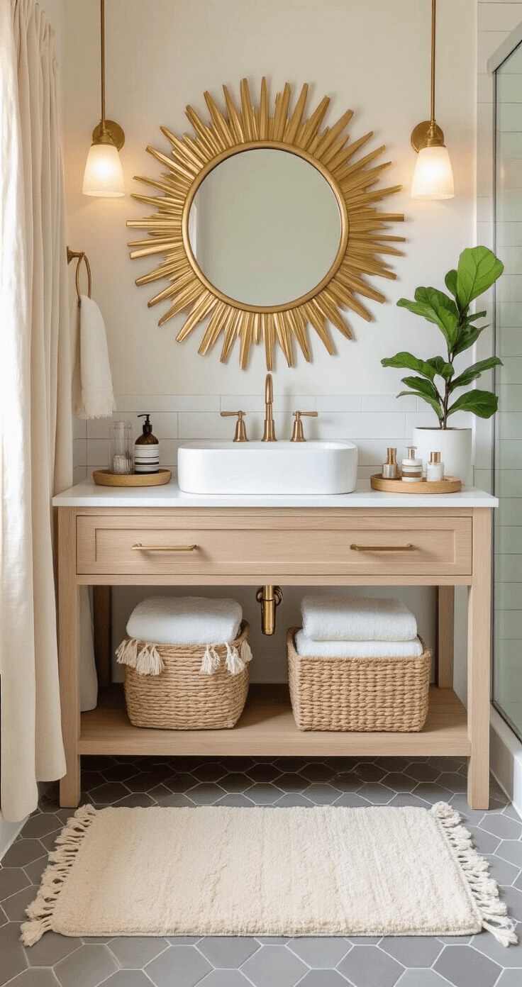 Professional interior photograph of a small bathroom showcasing a sunburst mirror above a modern vessel sink, with a textured linen shower curtain, plush cream bath mat, woven jute basket, and brass hardware, illuminated by soft natural light.