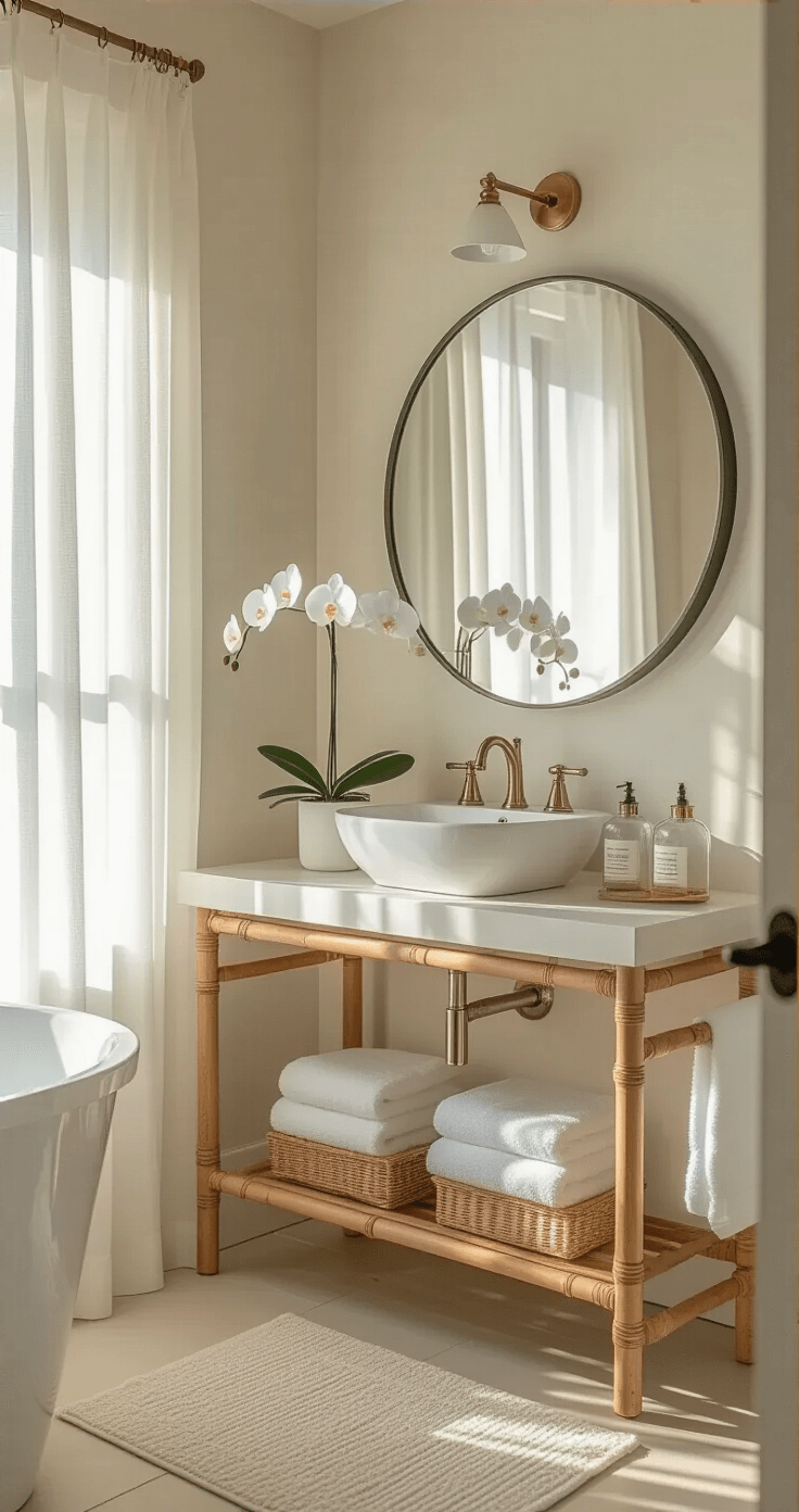 Bright, airy bathroom interior featuring a white pedestal sink, round mirror, and natural wood accents, illuminated by golden hour light streaming through sheer curtains, with neatly arranged accessories in odd numbers for a minimalist aesthetic.