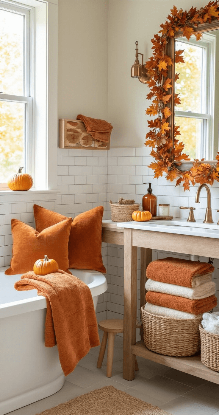 A cozy autumn-themed bathroom featuring warm-colored towels, miniature pumpkins, and cinnamon-scented candles in amber holders, with a white subway tile backdrop, natural wood vanity, and brass fixtures.