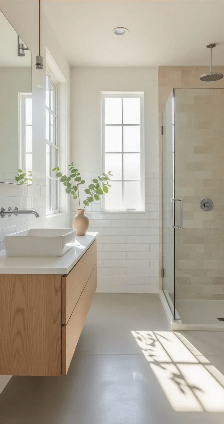 A serene minimalist bathroom with white subway tiles, a floating white oak vanity, polished concrete floors, and a frameless glass shower, all bathed in soft morning light.