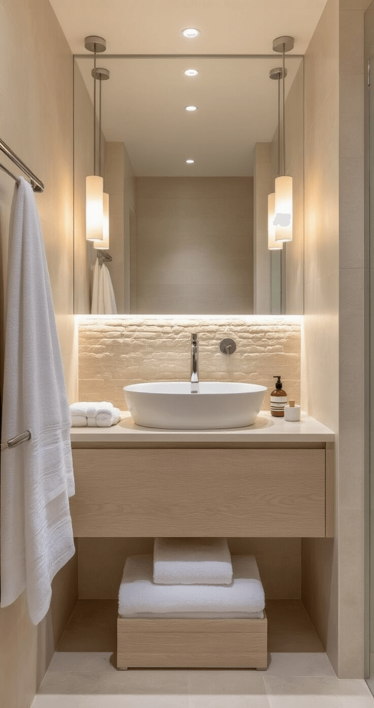 Elegant neutral-toned bathroom sanctuary during golden hour, featuring warm grays, soft beiges, and creamy whites, with a light oak wall-mounted vanity, a white ceramic basin, limestone accent wall, fluffy white towels on chrome rails, and a large frameless mirror reflecting natural light, all captured at eye level.