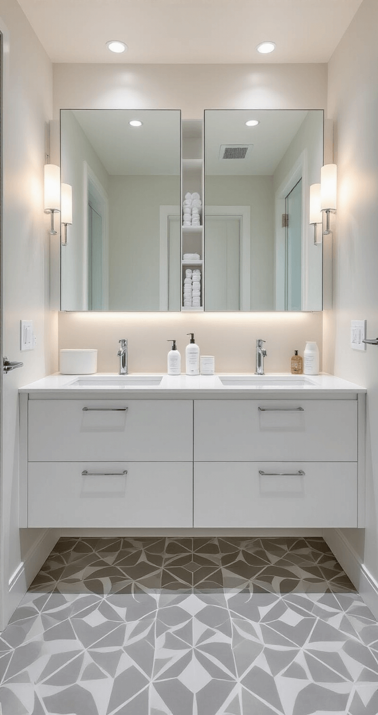 A minimalist bathroom with a spacious layout featuring a floating double vanity, quartz countertops, wall-mounted faucets, organized white toiletries in built-in niches, and geometric soft gray floor tiles, all illuminated by bright, even lighting.