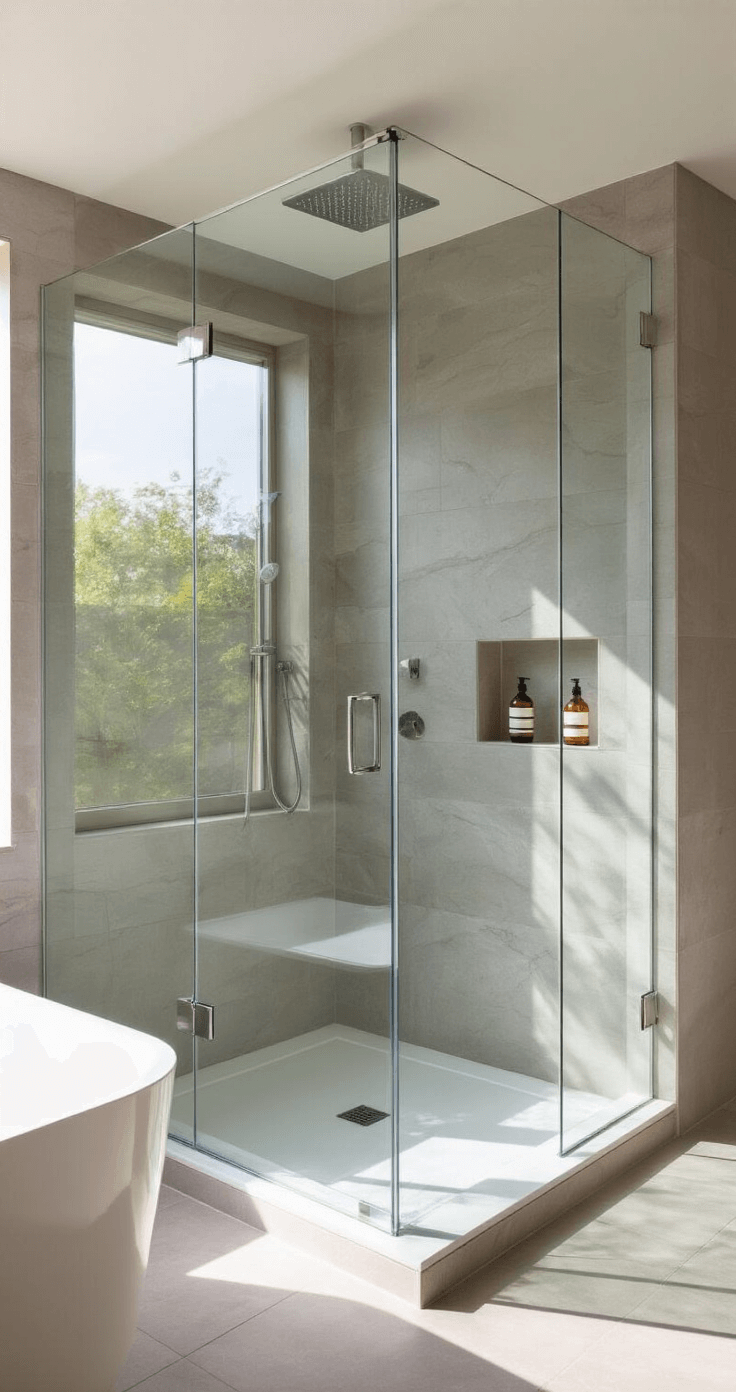 A modern minimalist bathroom featuring a luxurious glass shower enclosure with natural stone walls, illuminated by afternoon light, showcasing clean lines and tranquil design elements.