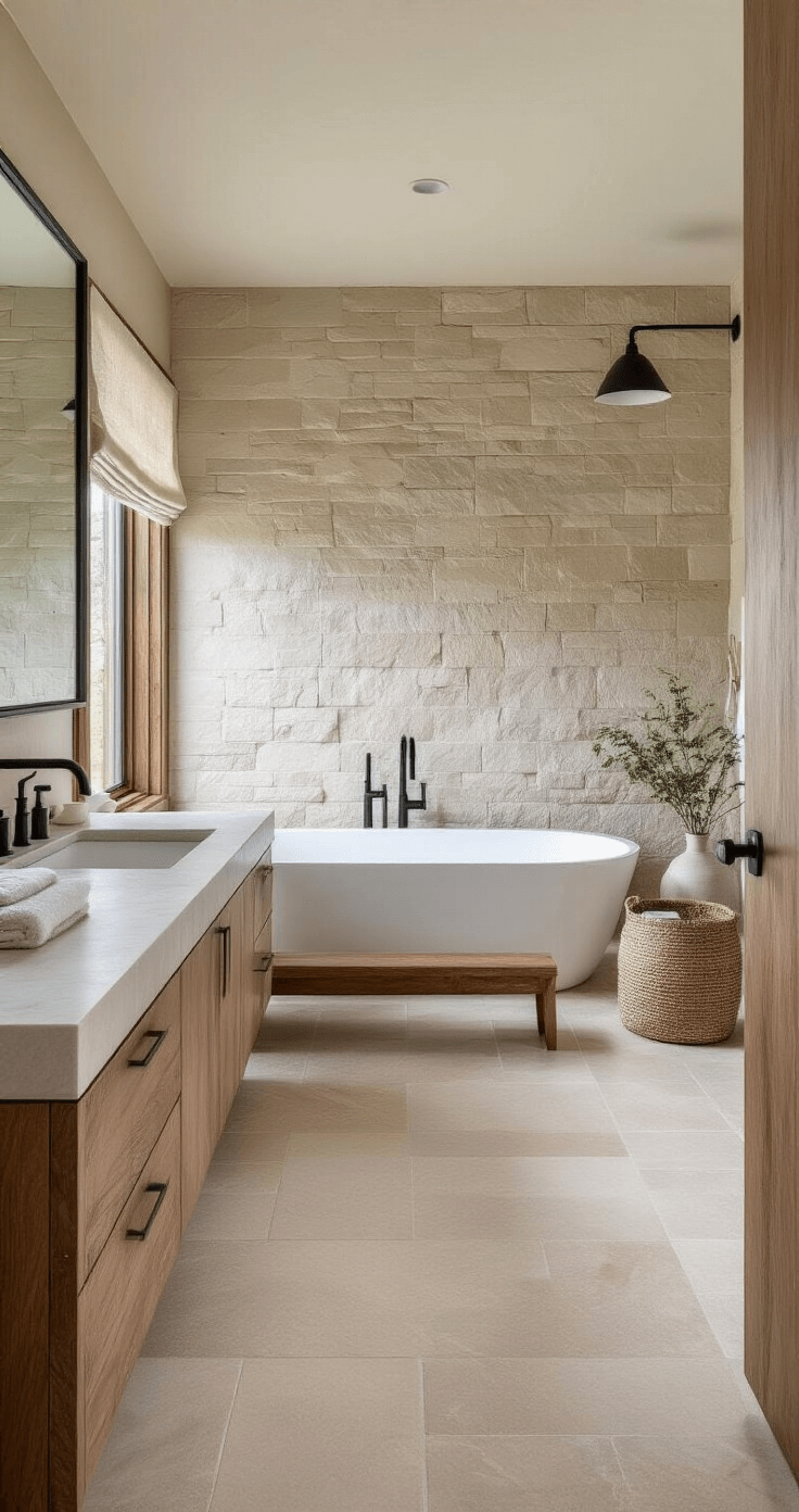 A minimalist bathroom featuring honed marble countertops, matte black fixtures, warm wood accents, and textured ceramic wall tiles, with a freestanding white bathtub against a natural stone feature wall, all illuminated by soft natural light.