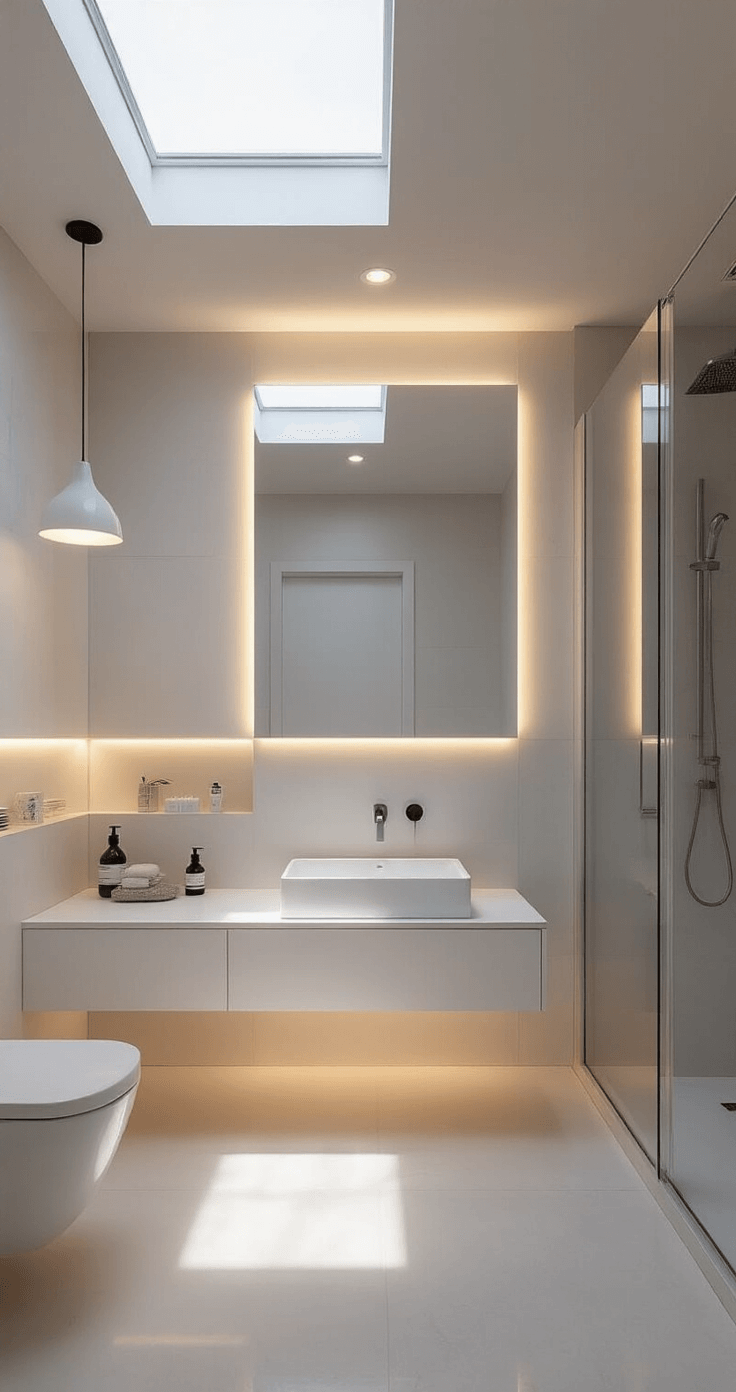 A minimalist bathroom bathed in natural and artificial light, featuring a large frameless mirror, recessed LED strips, a sleek pendant light above a floating vanity, and a skylight above the shower, all in white and light gray tones that enhance the airy ambiance.
