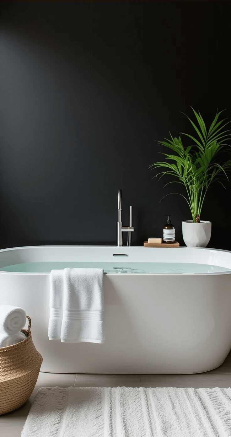 A minimalist bathroom with a dramatic black accent wall behind a white freestanding tub, featuring curated accessories, an architectural plant in a white ceramic planter, matching white towels, and a simple soap dispenser, all harmonizing in soft lighting.