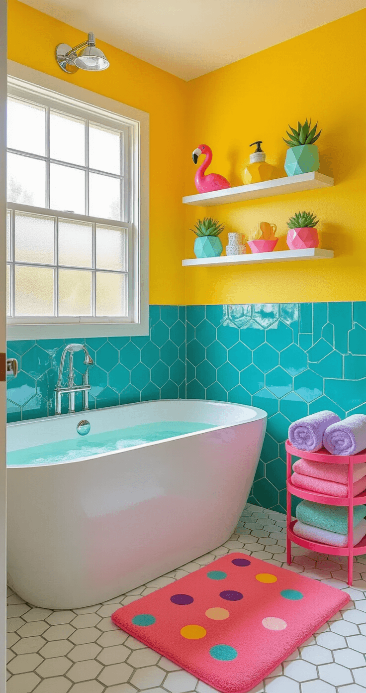 Dopamine Decor Bathrooms: Transform Your Space into a Joy-Filled Sanctuary A vibrant bathroom featuring a sunshine yellow accent wall and electric blue checkerboard tiles, illuminated by natural light from a frosted glass window. A freestanding white bathtub with a bubblegum pink caddy sits atop a plush coral polka dot bath mat, surrounded by quirky flamingo soap dispensers and colorful succulent planters on floating shelves. Chrome fixtures shine under warm LED lighting, creating a joyful atmosphere.