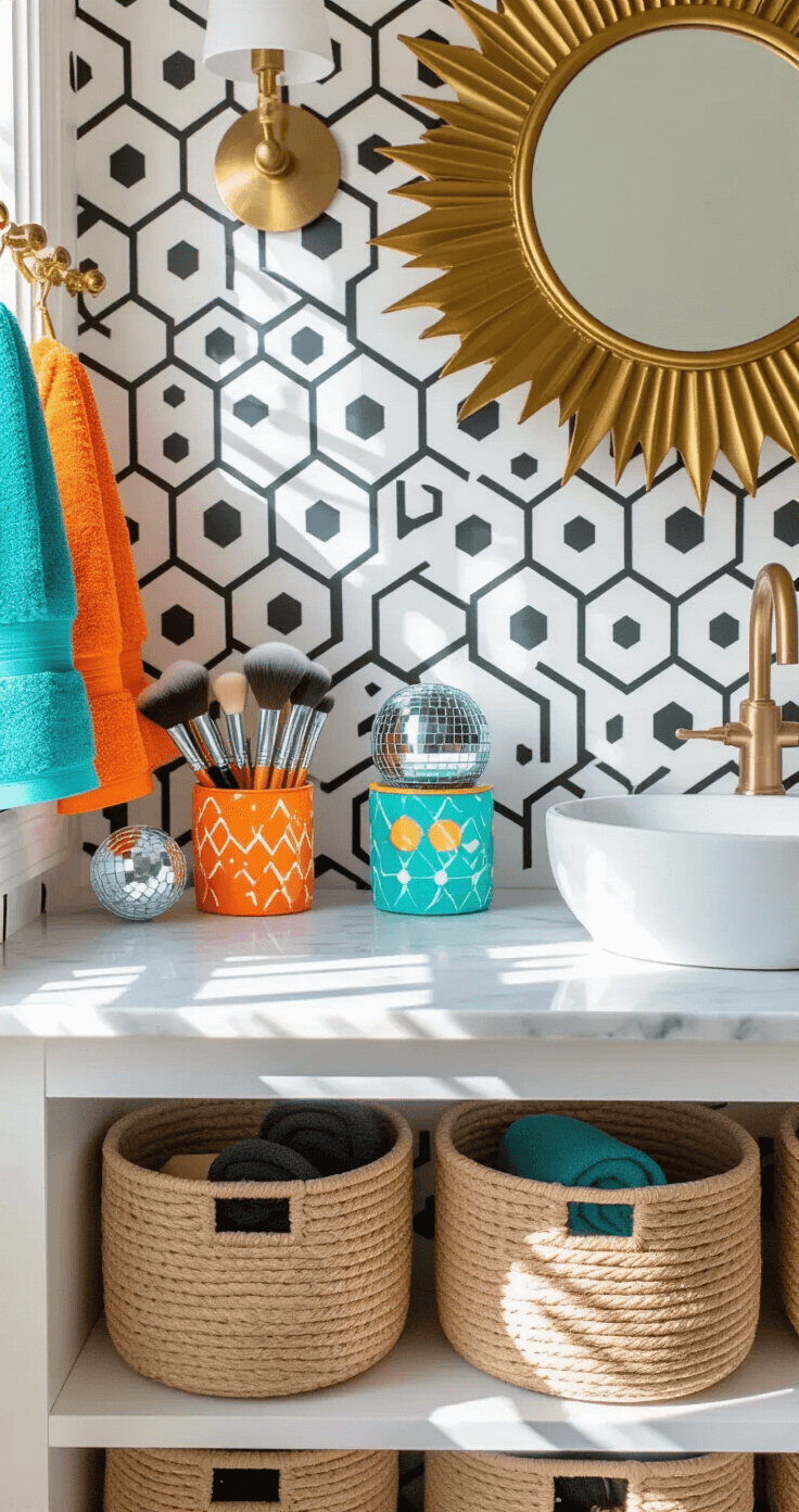 Dopamine Decor Bathrooms: Transform Your Space into a Joy-Filled Sanctuary Close-up detail shot of a vibrant bathroom vanity with geometric black-and-white hexagon wallpaper, featuring quirky animal-themed organizers in orange and teal, a disco ball soap dispenser, and natural jute storage baskets. A round sunburst gold mirror reflects colorful towels on vintage brass hooks, with soft natural lighting creating gentle shadows that highlight assorted textures and a playful color palette.