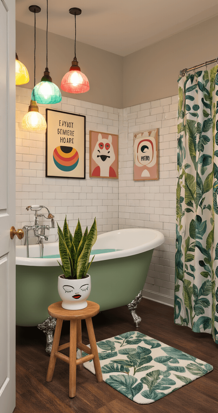 Dopamine Decor Bathrooms: Transform Your Space into a Joy-Filled Sanctuary Atmospheric evening bathroom shot featuring playful accessories, mood lighting, and vibrant decor, including a vintage clawfoot tub, snake plant in a quirky planter, colorful pendant lights, and a gallery wall of abstract prints and motivational quotes.