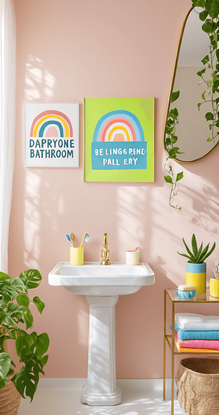 Dopamine Decor Bathrooms: Transform Your Space into a Joy-Filled Sanctuary Bright daylight photograph of a vibrant bathroom art gallery wall featuring three framed prints with bold typography and abstract rainbows above a white pedestal sink. Soft blush pink walls provide a backdrop for the colorful artwork in lime green, electric blue, and sunshine yellow frames. A trailing pothos plant from a macrame hanger adds organic texture, while colorful ceramic toothbrush holders and soap dishes are arranged on a glass shelf. Natural light filters through a sheer curtain, illuminating a brass mirror with an irregular shape that reflects plants and colorful towels, creating a joyful and personal space.