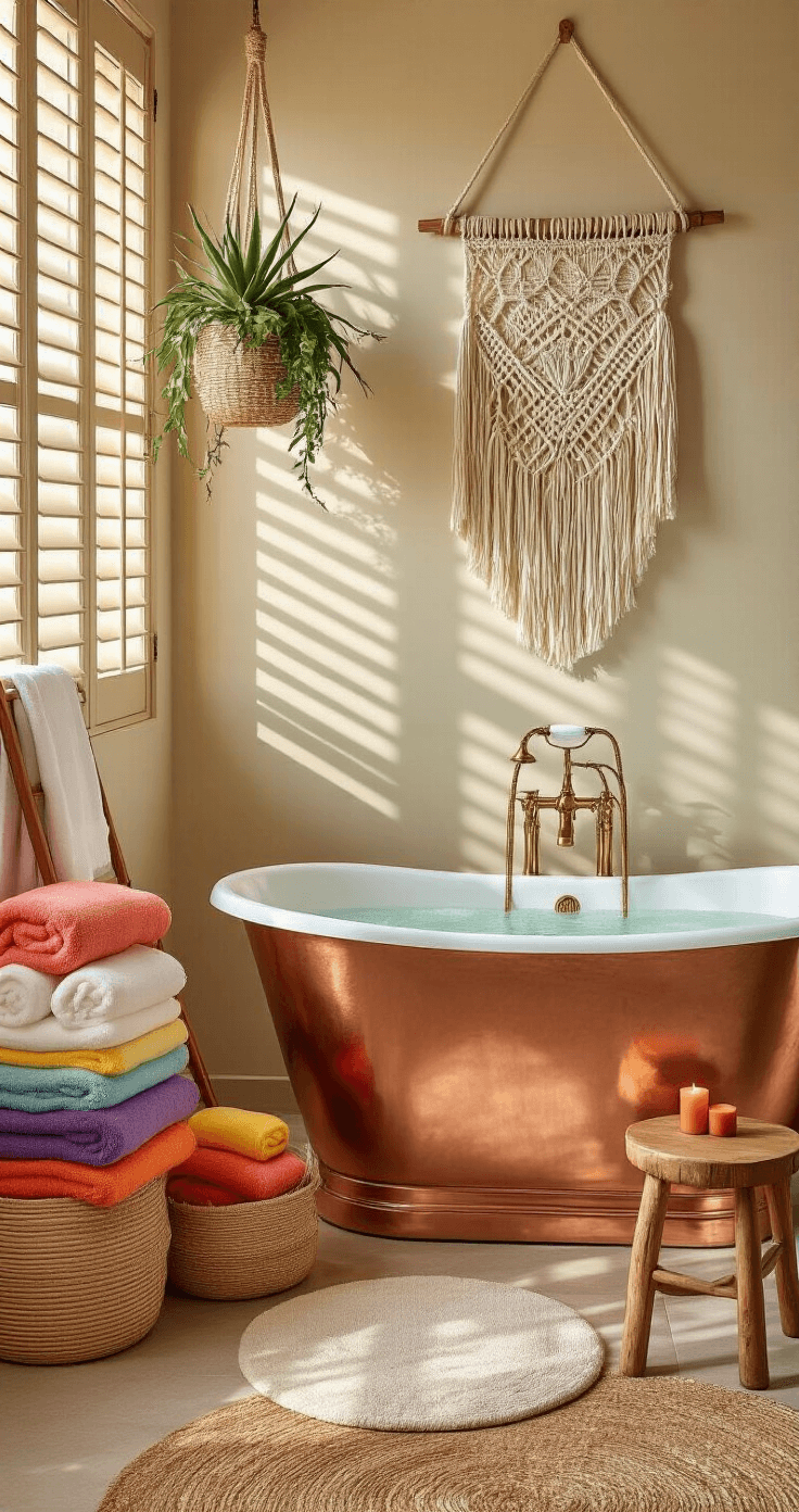 Dopamine Decor Bathrooms: Transform Your Space into a Joy-Filled Sanctuary A cozy bathroom scene captured during golden hour, featuring a freestanding copper bathtub, fluffy towels, woven storage baskets with gradient colors, overlapping bath mats, a macrame wall hanging with an aloe vera plant, candles on a vintage stool, and a natural jute rug, all illuminated by warm afternoon light filtering through plantation shutters.