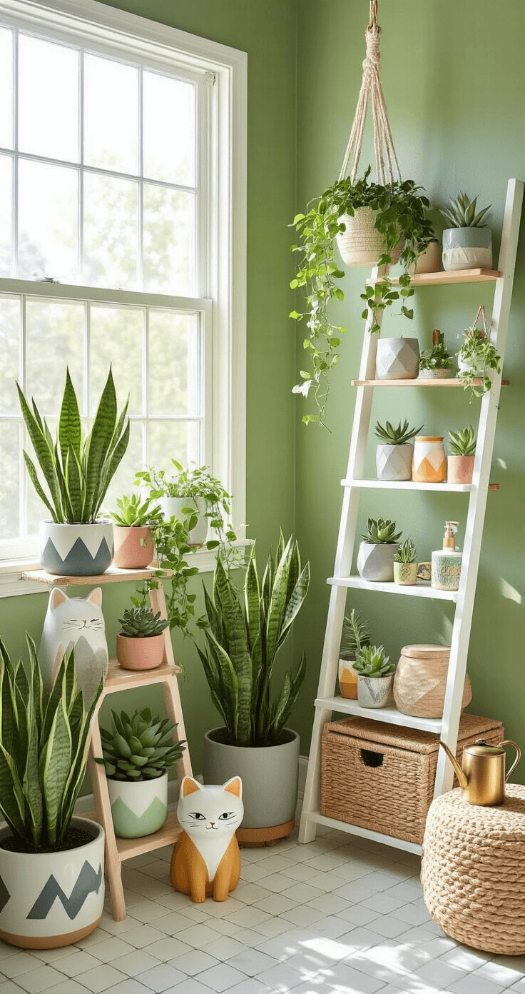 Dopamine Decor Bathrooms: Transform Your Space into a Joy-Filled Sanctuary A vibrant morning scene in a bathroom filled with lush green plants, including snake plants, pothos, and aloe vera, displayed in quirky planters against a sage green wall. Natural light filters through a large window, casting shadows on a white penny tile floor, while wooden shelves hold colorful succulents and bath products. A woven ottoman serves as a plant stand, complemented by a brass watering can and ceramic plant markers, showcasing a wellness-focused indoor garden.