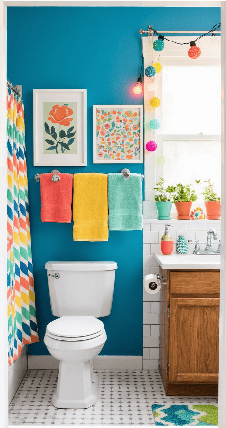 Dopamine Decor Bathrooms: Transform Your Space into a Joy-Filled Sanctuary Budget-friendly bathroom transformation featuring an electric blue accent wall, colorful thrifted art prints, vibrant towels, and playful accessories, creating an eclectic and joyful atmosphere.