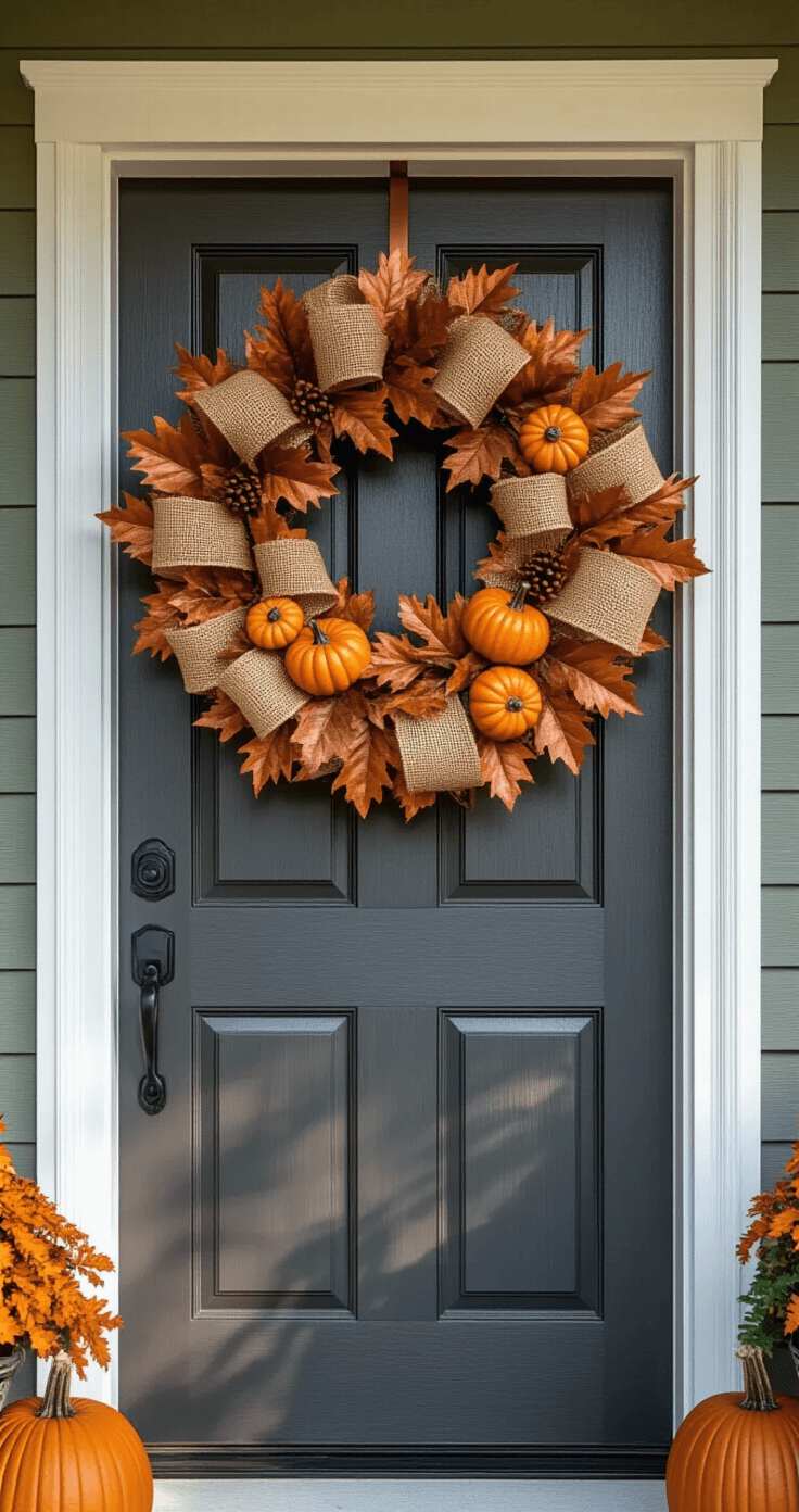 Cozy Fall Front Porch Decor for Small Spaces: Transform Your Entryway Photorealistic front door with an elaborate autumn wreath made of burlap ribbon, copper-toned leaves, and miniature pumpkins, hanging on a charcoal gray door framed by white trim against sage green siding, illuminated by warm afternoon light.
