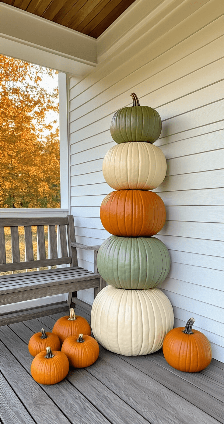 Cozy Fall Front Porch Decor for Small Spaces: Transform Your Entryway A cozy front porch features a three-tier arrangement of craft pumpkins in cream, burnt orange, and sage green beside a narrow wooden bench, illuminated by warm golden hour lighting, with additional mini pumpkins scattered on a weathered gray-brown wooden floor.