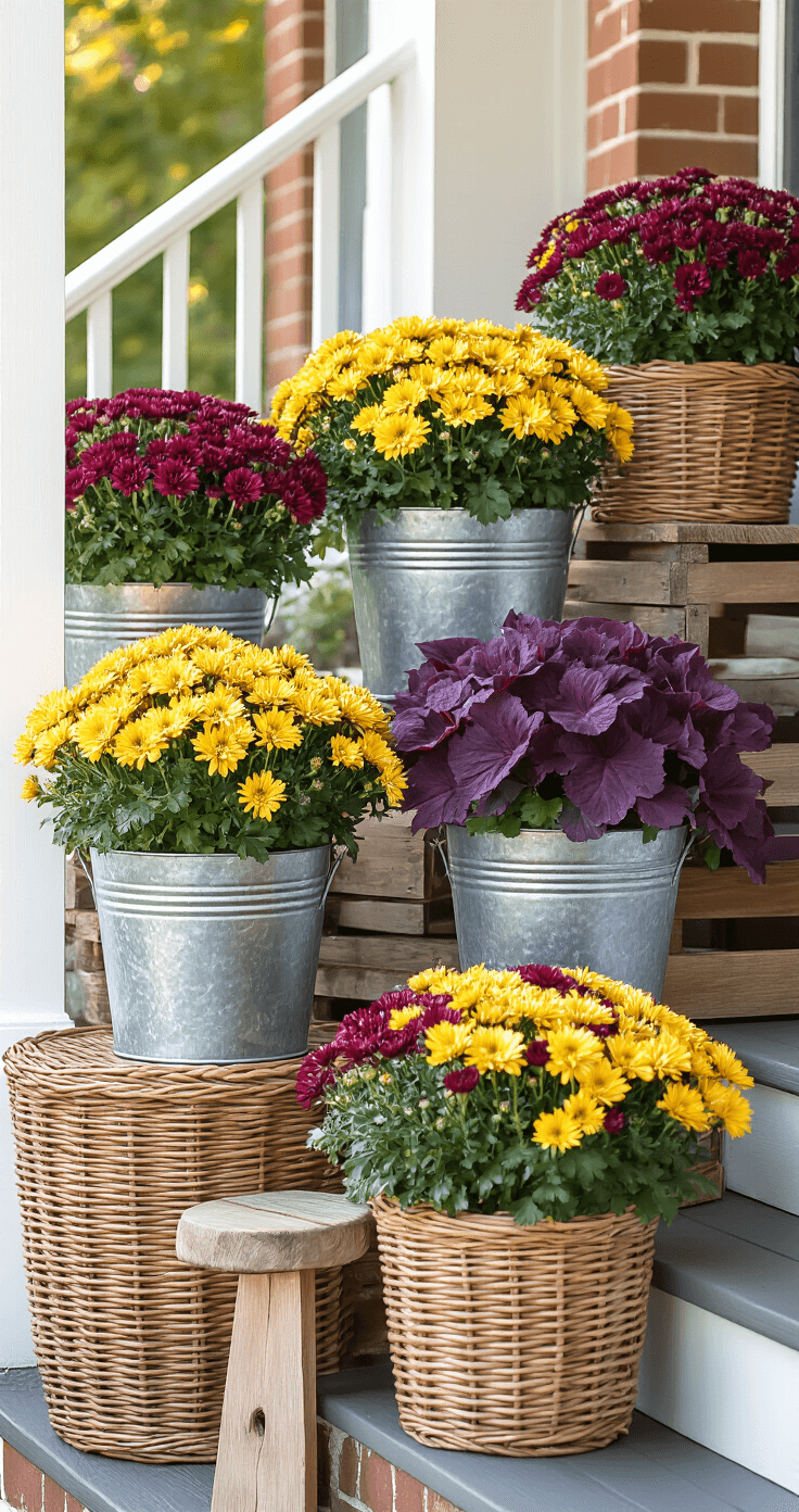 Cozy Fall Front Porch Decor for Small Spaces: Transform Your Entryway Cozy porch corner featuring vibrant burgundy and golden yellow mums in galvanized metal buckets and woven baskets, arranged on rustic crates and vintage milk stools with deep purple ornamental cabbage, illuminated by soft morning light against a warm white painted railing and brick steps.