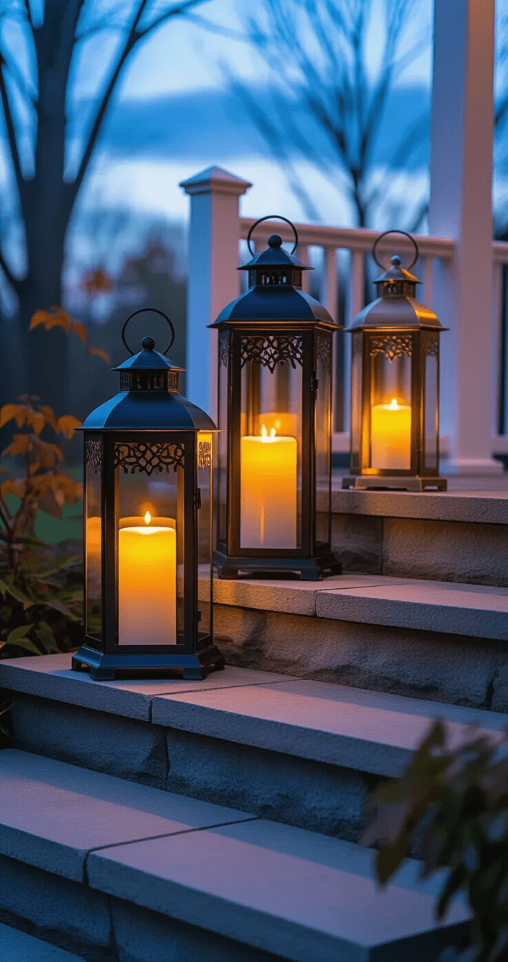 Cozy Fall Front Porch Decor for Small Spaces: Transform Your Entryway Intimate porch scene featuring LED candle lanterns in black iron and brushed copper, arranged on textured stone steps and a side table. The warm flicker of the candles contrasts with the twilight blue sky, surrounded by subtle fall foliage and porch railings, captured from a low angle to emphasize the cozy ambiance.