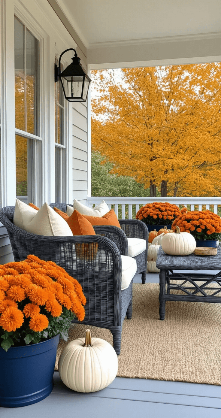 Cozy Fall Front Porch Decor for Small Spaces: Transform Your Entryway Sophisticated small porch featuring a burnt orange and cream color palette with deep navy accents, showcasing cream pumpkins, burnt orange mums in navy planters, and charcoal gray modern furniture, all styled against a light gray backdrop in bright midday lighting.