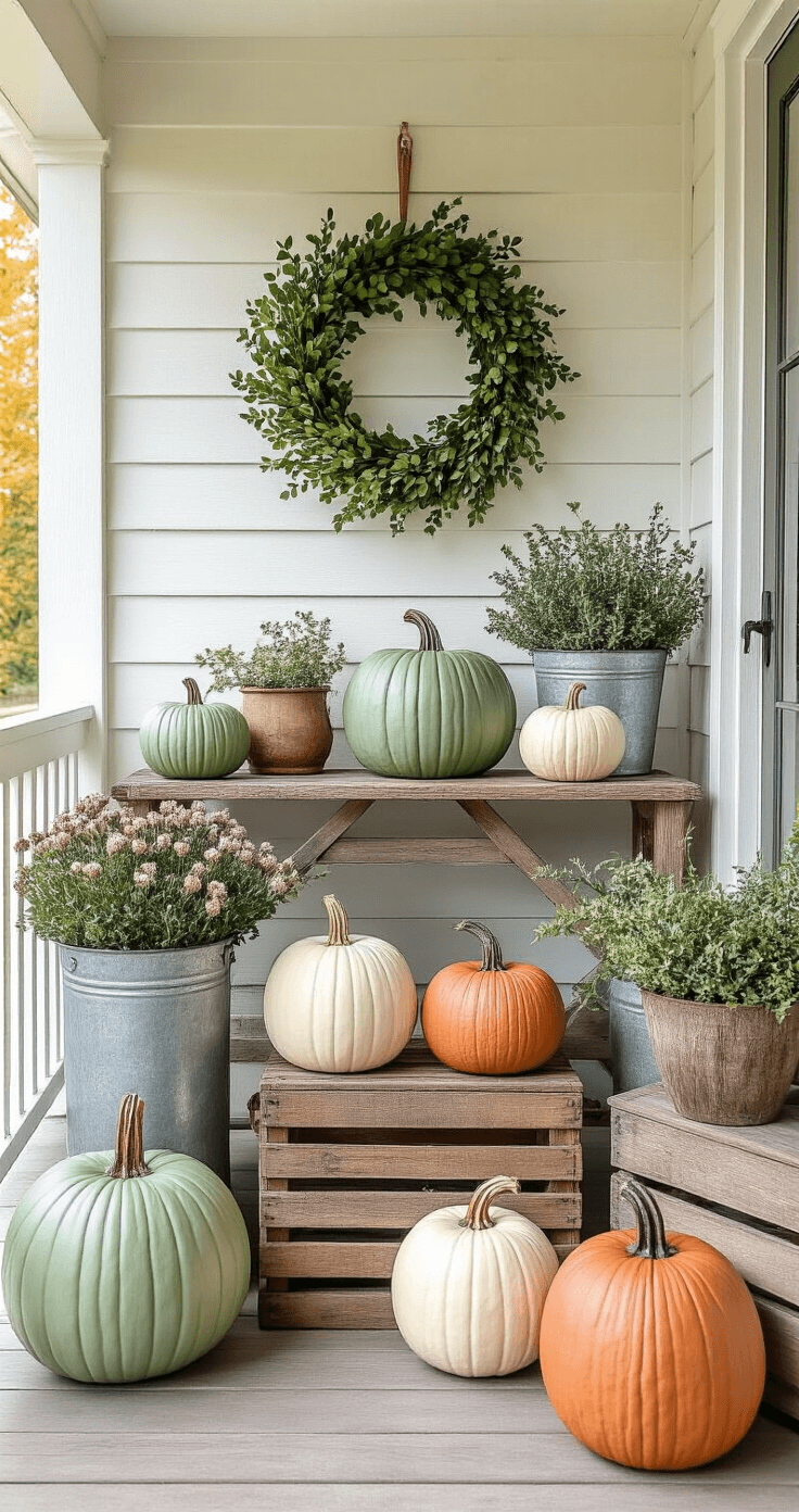 Cozy Fall Front Porch Decor for Small Spaces: Transform Your Entryway A budget-friendly porch scene featuring DIY painted pumpkins in matte sage green, dusty rose, and cream, accompanied by a handmade wreath and thrift store containers as planters. The setup includes vintage galvanized buckets, painted ceramic vessels, and reclaimed wooden crates, all arranged in a warm, inviting atmosphere that highlights creative, resourceful design with a high-end aesthetic.