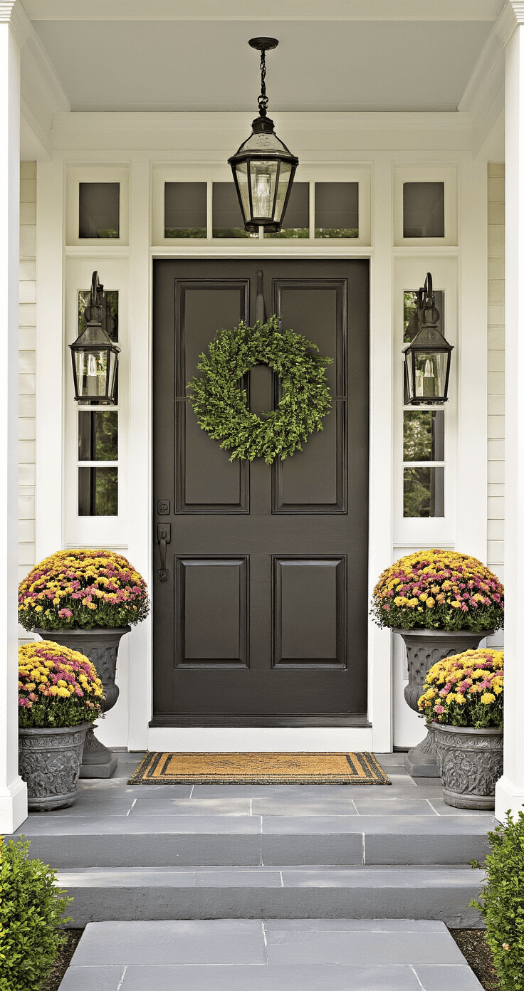 Cozy Fall Front Porch Decor for Small Spaces: Transform Your Entryway A symmetrical small porch entrance featuring mirrored decorative elements flanking the front door, with matching mum arrangements in coordinating planters, identical lanterns providing formal balance, and a central wreath as the focal point, all illuminated by bright, even lighting for a sophisticated, designer-quality look.