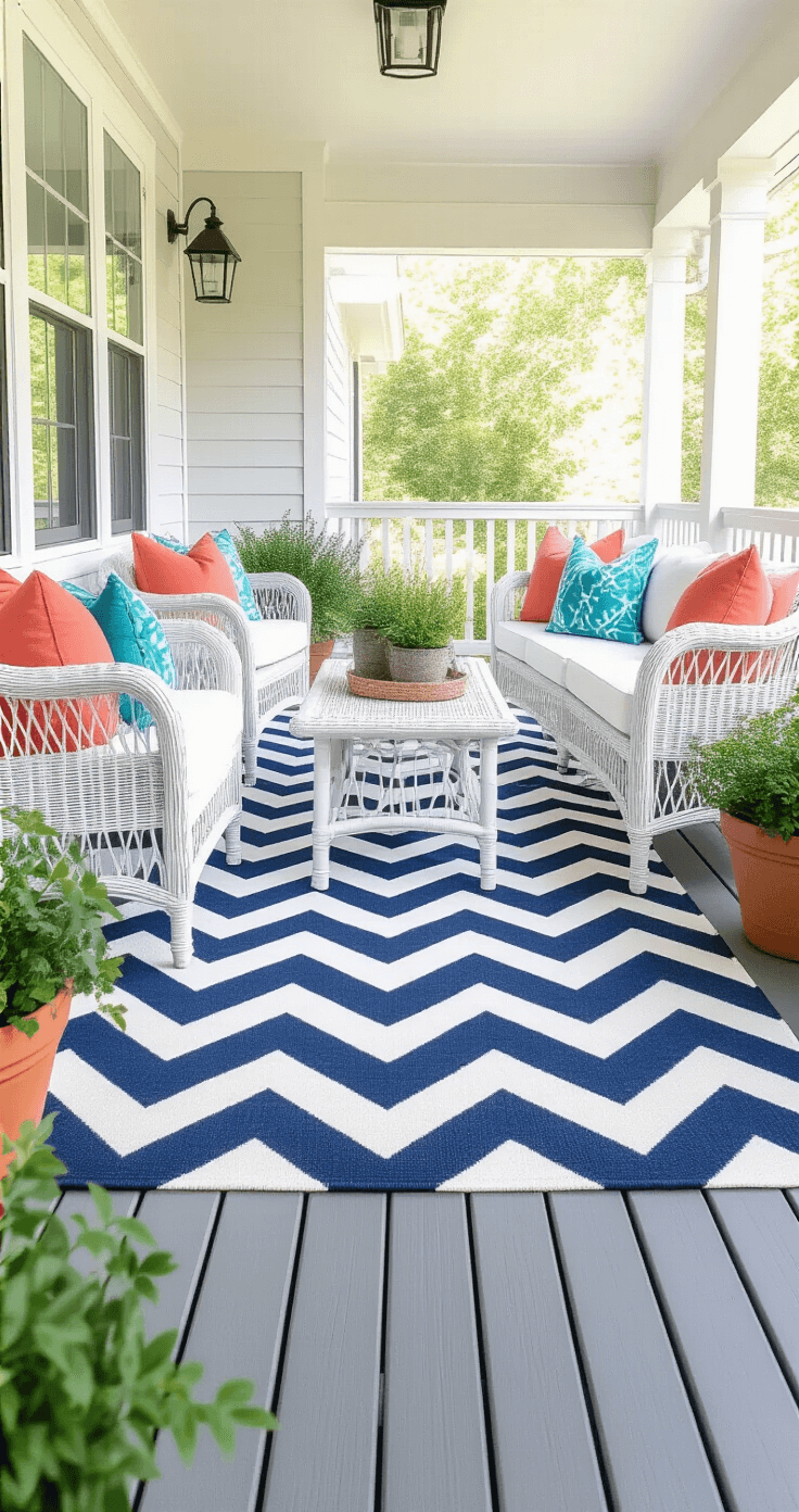 Small outdoor porch featuring a navy and white chevron-patterned rug, white wicker furniture with colorful coral and turquoise pillows, and potted herbs in vintage containers, all captured in bright natural lighting.