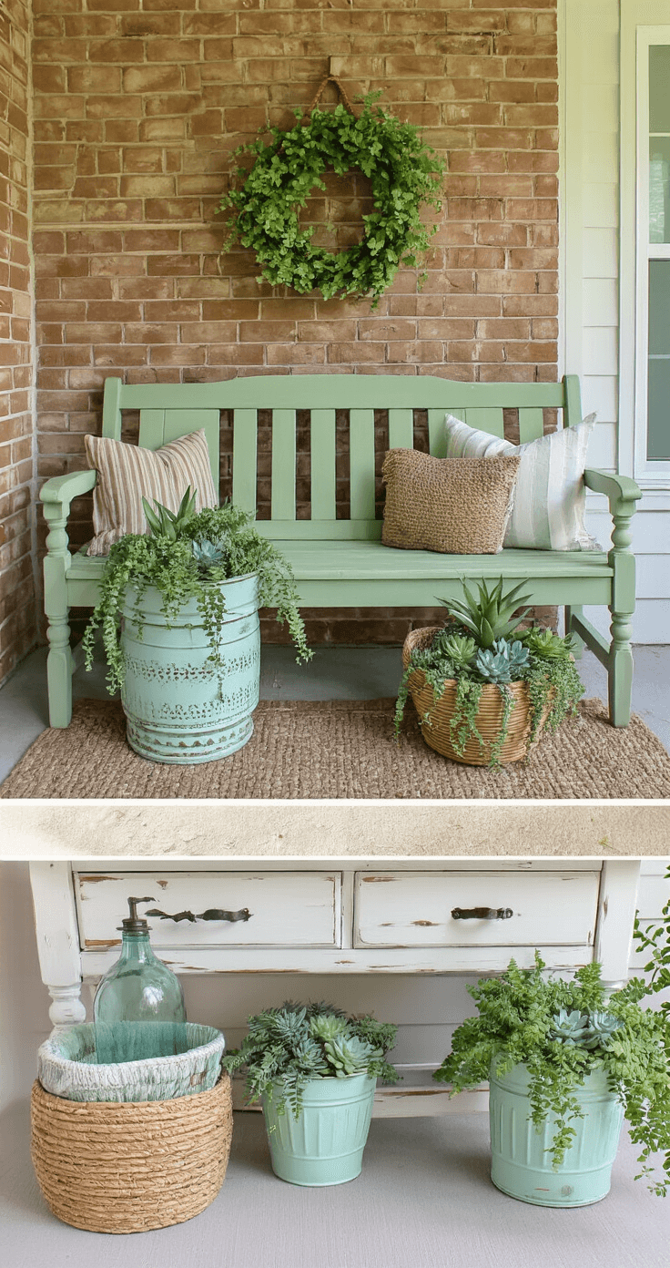 Before-and-after porch scene featuring a freshly painted sage green bench and a refinished distressed white side table, with mint-toned spray-painted metal planters holding cascading succulents. The transformation highlights budget-friendly renewal against a brick wall backdrop and painted concrete flooring, styled with vintage glass bottles, woven baskets, and earth-toned ceramics, all displayed in bright midday lighting.