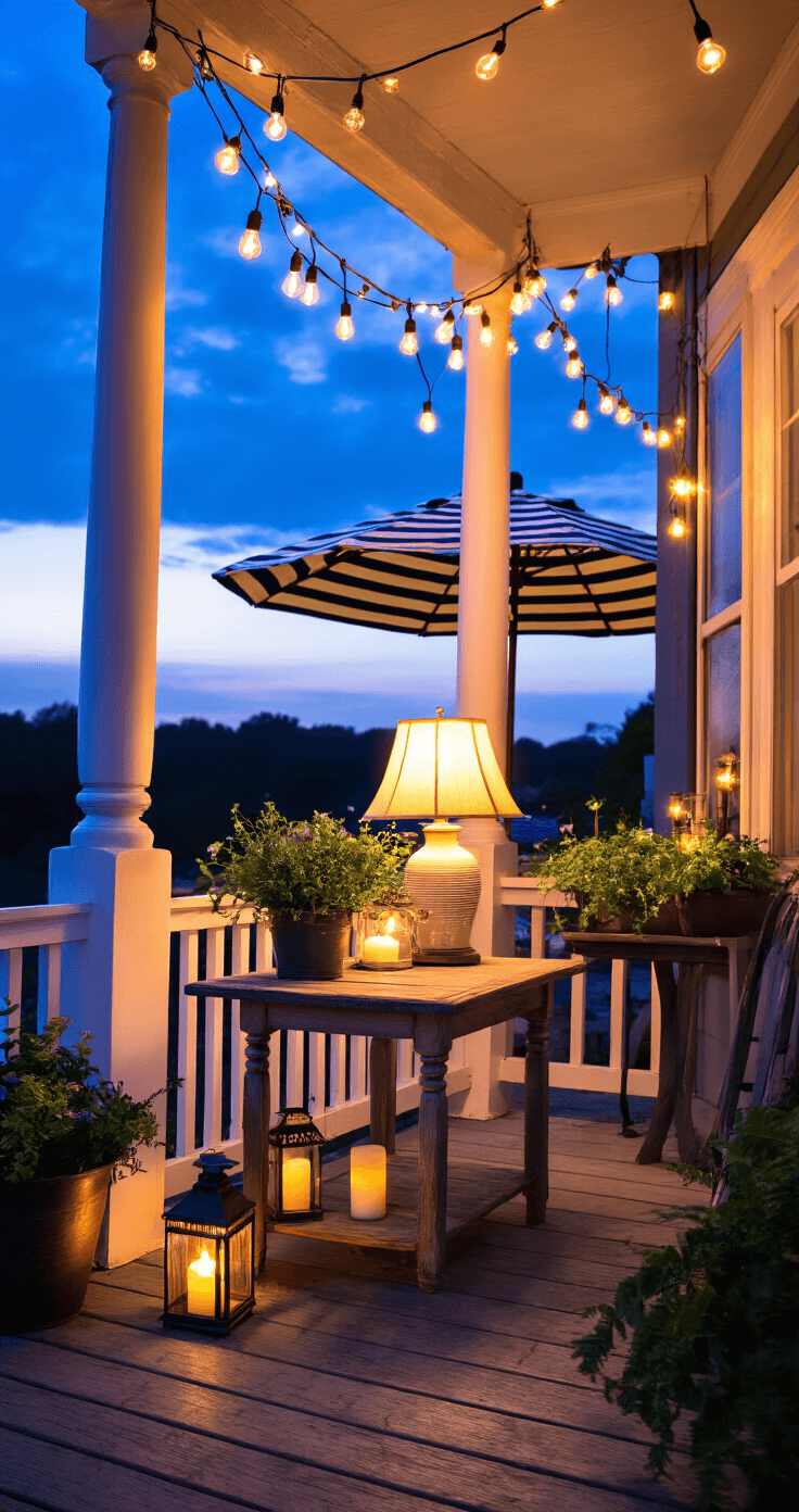 Cozy evening porch scene with layered ambient lighting featuring warm string lights, a thrifted table lamp, and a striped market umbrella, surrounded by lanterns, candles, and solar stake lights, all creating a magical twilight atmosphere against a deep blue sky.