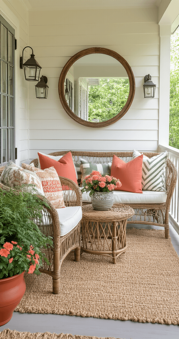 A beautifully styled small porch with a vintage mirror as a focal point, showcasing a harmonious mix of textures and colors, including a jute rug, rattan furniture, and galvanized metal planters, all under warm afternoon light.