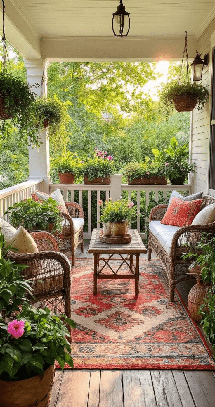 Small porch makeover showcasing a budget-friendly transformation with vibrant plants, a colorful rug, mixed seating, and charming accessories, all captured in warm golden hour light.