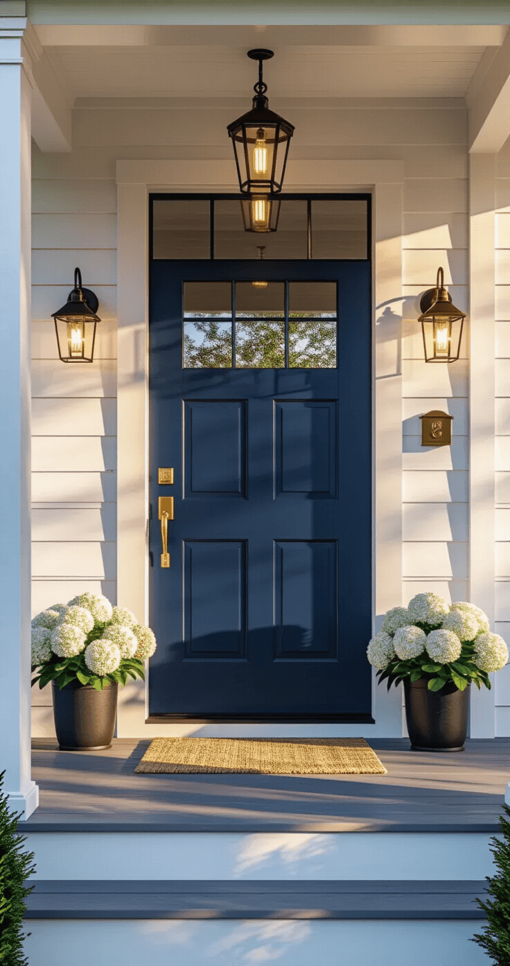 Photorealistic front porch with a navy blue door, warm sunlight on weathered wood, brass hardware, black sconces with Edison bulbs, white trim, jute welcome mat, and potted white hydrangeas.
