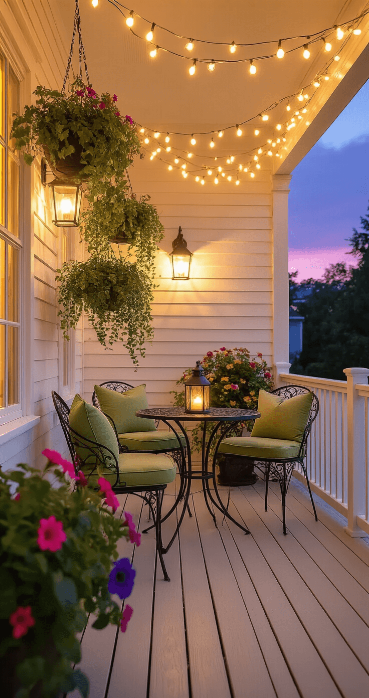 Intimate evening scene of a cozy front porch with warm string lights, a wrought iron bistro set, and hanging planters, captured from a low angle against a soft purple twilight sky.