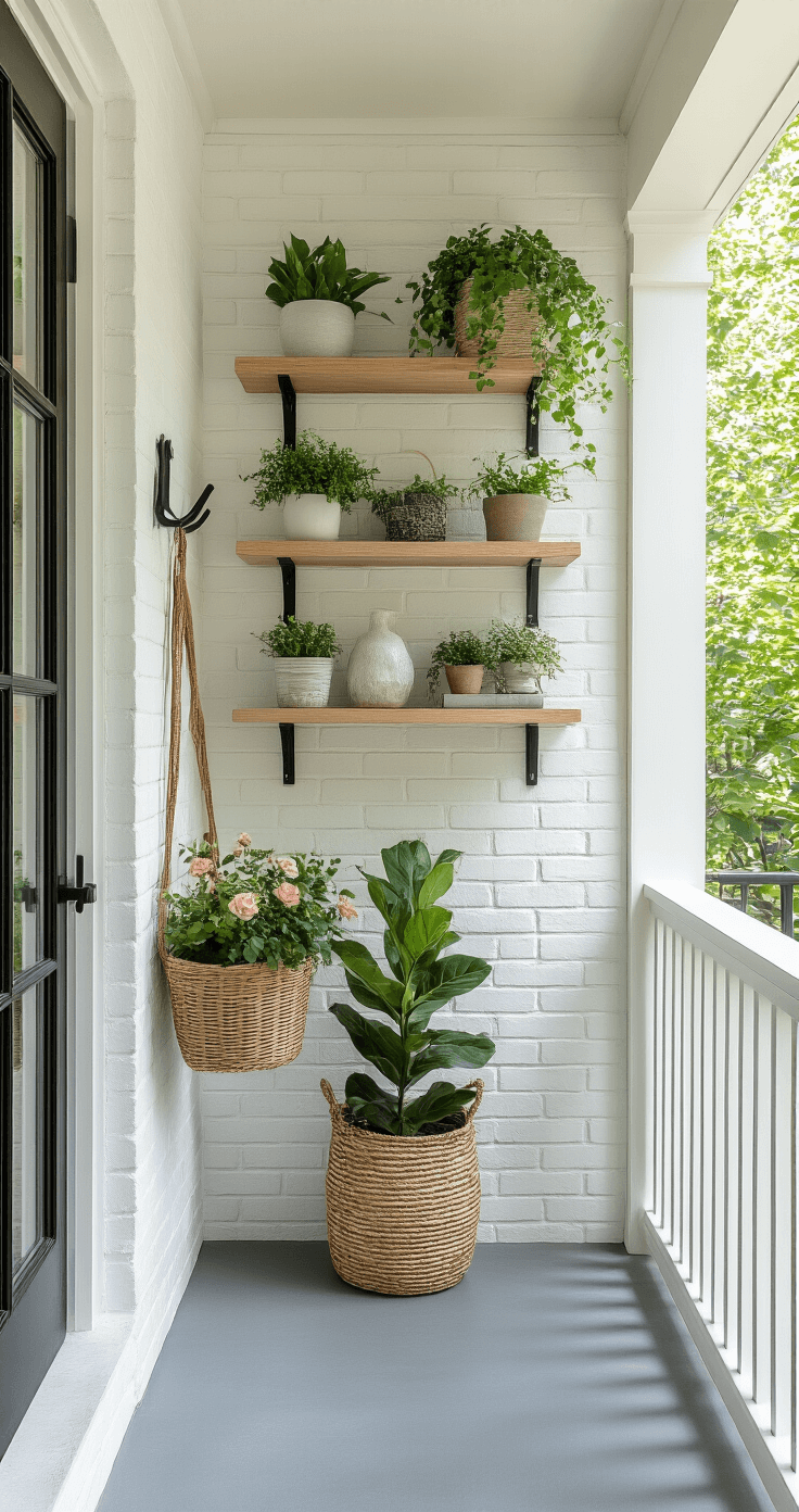 A professional interior design shot of a small porch featuring white-painted brick walls with floating shelves displaying potted plants and decor, a vintage bicycle basket filled with flowers, polished gray concrete flooring, and hanging macrame planters with trailing foliage under bright midday light.